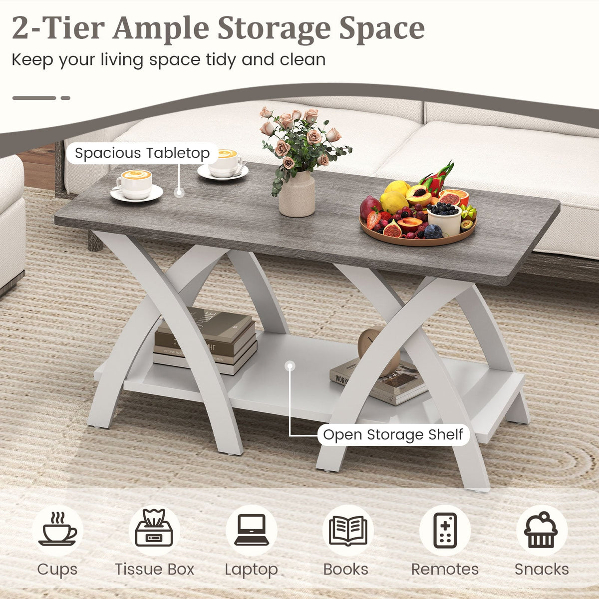 40 Inch Farmhouse Wooden Coffee Table with Storage Shelf with X-shaped Legs-Gray-Coffee Tables-DECOROLALA