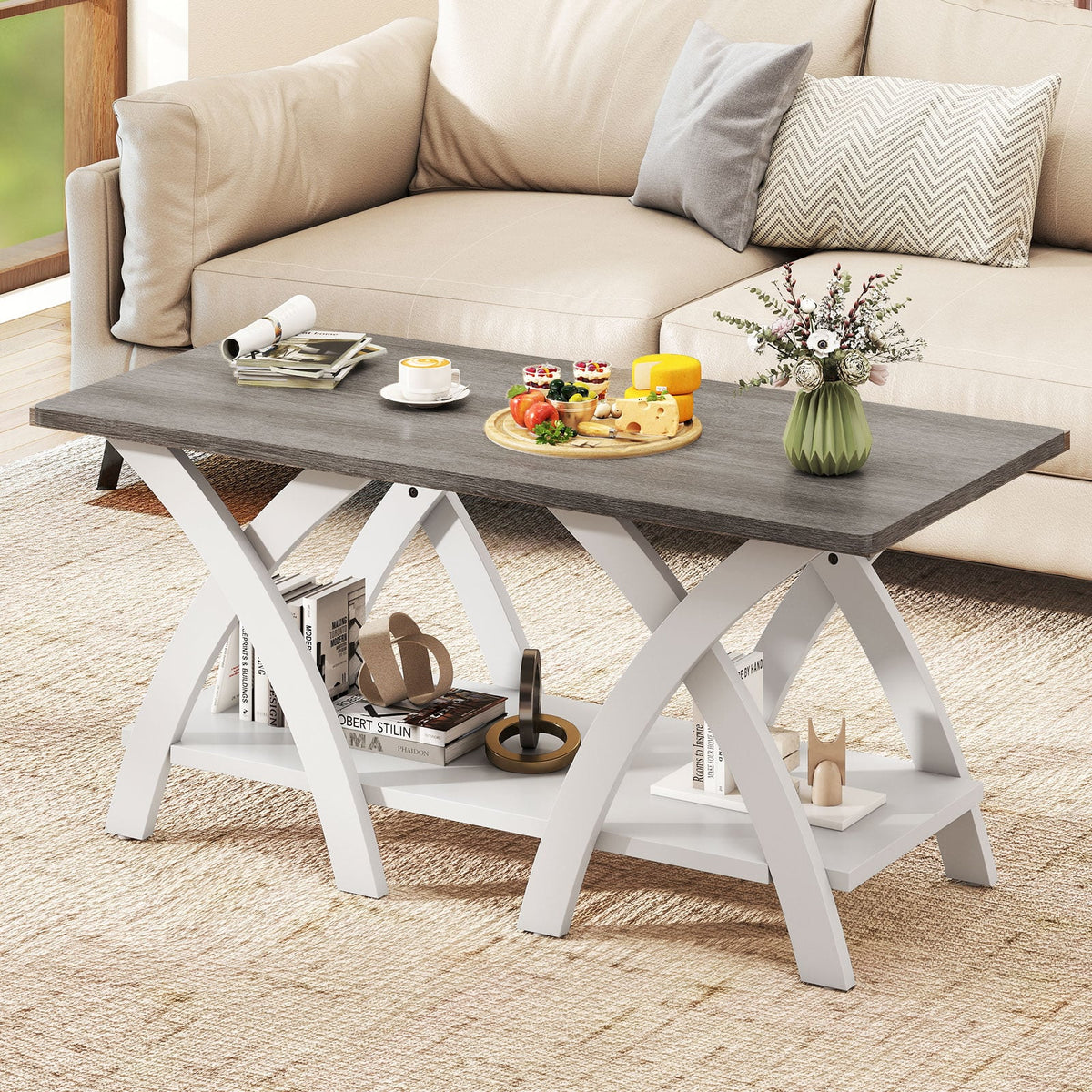 40 Inch Farmhouse Wooden Coffee Table with Storage Shelf with X-shaped Legs-Gray-Coffee Tables-DECOROLALA