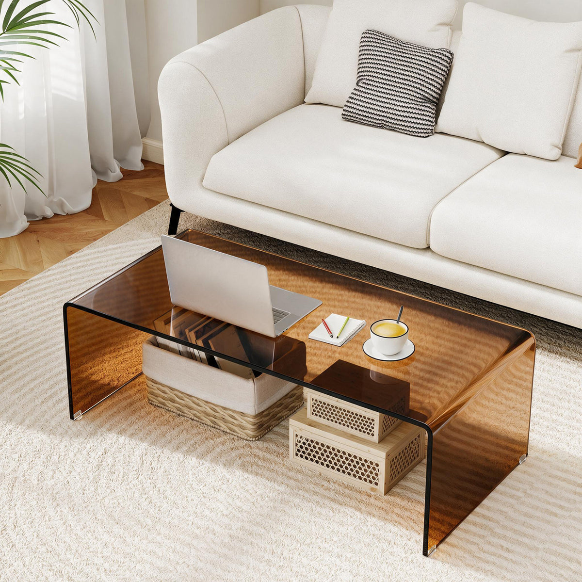 40 Inch Glass Coffee Table with Tempered Glass Top and Round Edges for Home-Dark Brown-Coffee Tables-DECOROLALA