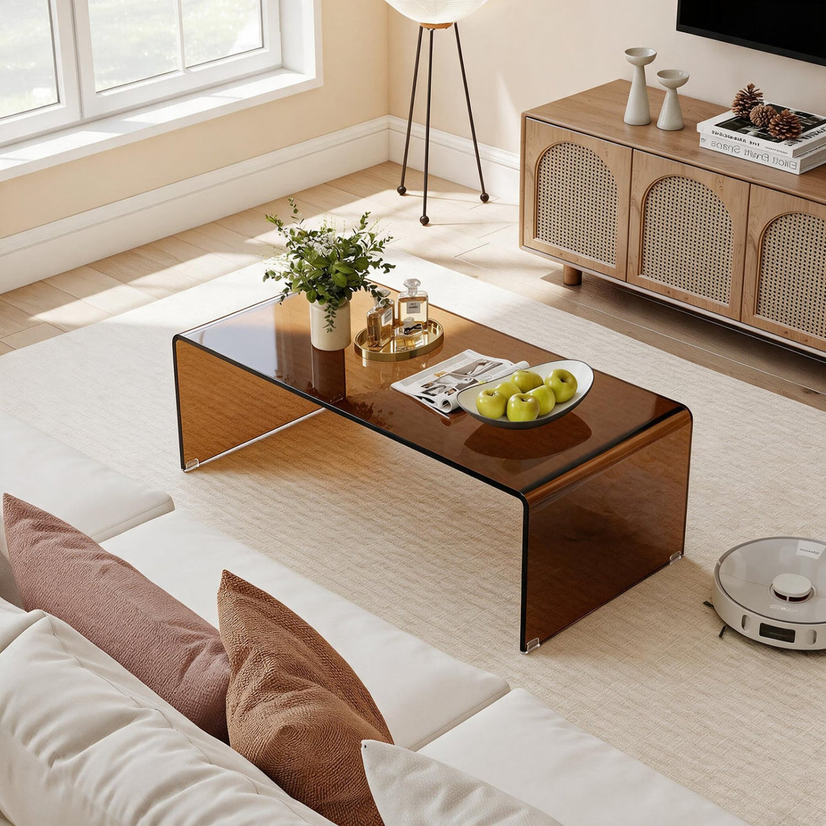 40 Inch Glass Coffee Table with Tempered Glass Top and Round Edges for Home-Dark Brown-Coffee Tables-DECOROLALA