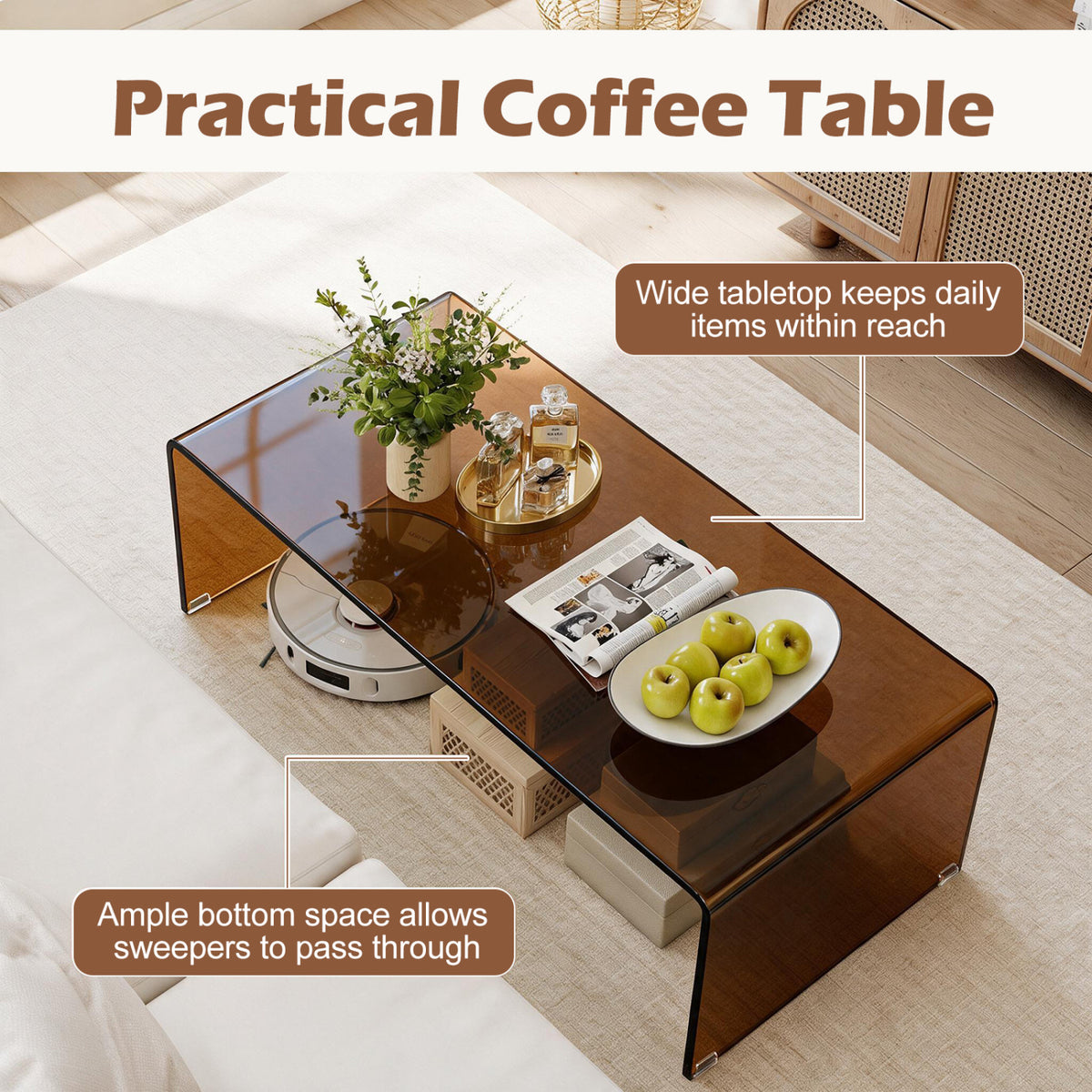 40 Inch Glass Coffee Table with Tempered Glass Top and Round Edges for Home-Dark Brown-Coffee Tables-DECOROLALA