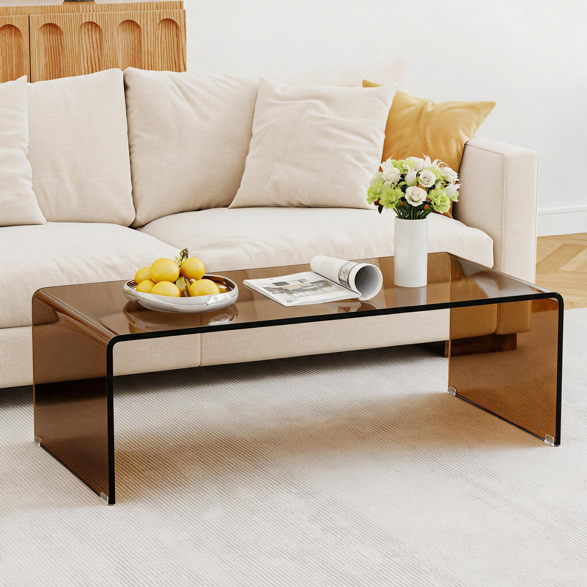 40 Inch Glass Coffee Table with Tempered Glass Top and Round Edges for Home-Dark Brown-Coffee Tables-DECOROLALA