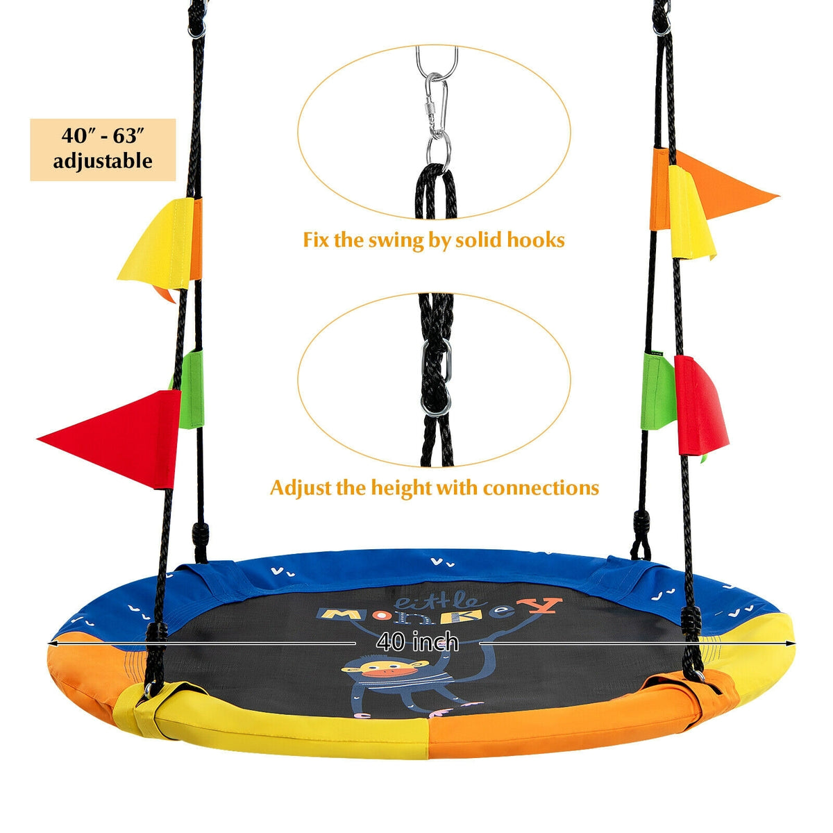 40 Inch Indoor Outdoor Flying Saucer Tree Swing with Hanging Strap