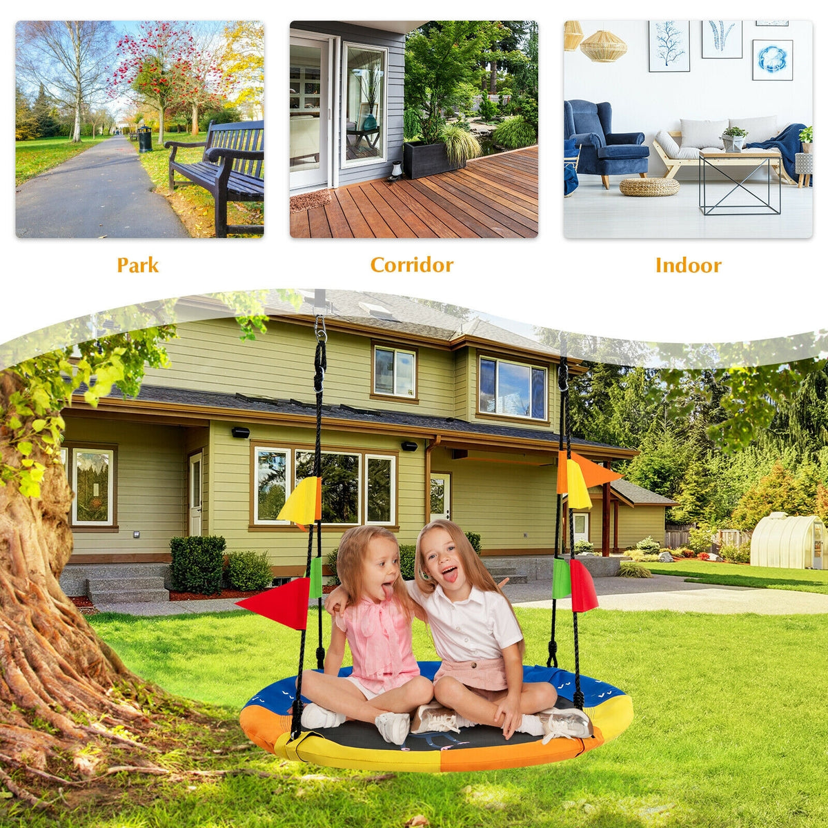 40 Inch Indoor Outdoor Flying Saucer Tree Swing with Hanging Strap