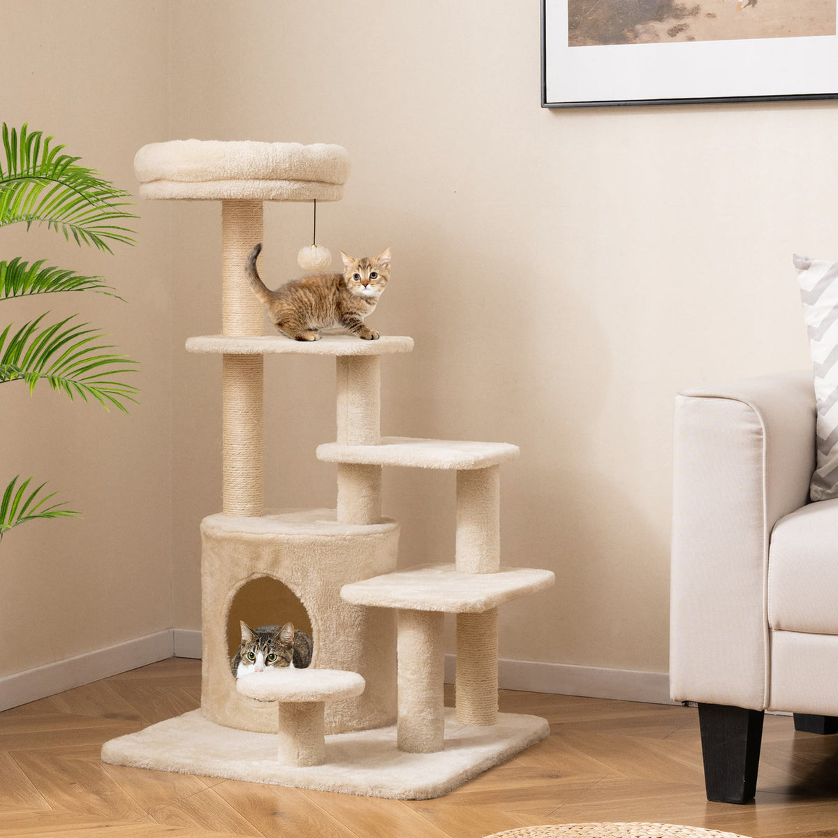 40 Inch Multi-level Cat Tower with Condo and Dangling Jingle Ball-Beige-Cat Trees & Scratchers-DECOROLALA
