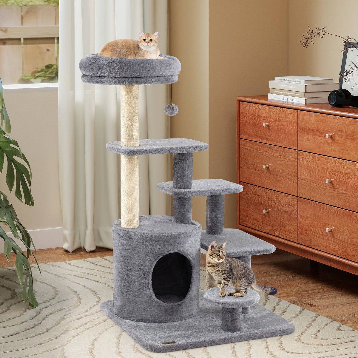 40 Inch Multi-level Cat Tower with Condo and Dangling Jingle Ball-Gray-Cat Trees & Scratchers-DECOROLALA