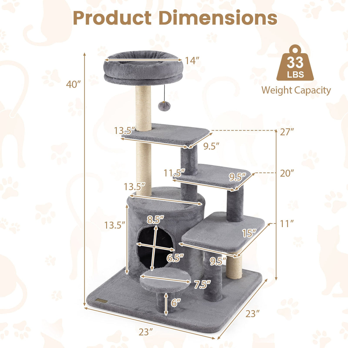 40 Inch Multi-level Cat Tower with Condo and Dangling Jingle Ball-Gray-Cat Trees & Scratchers-DECOROLALA