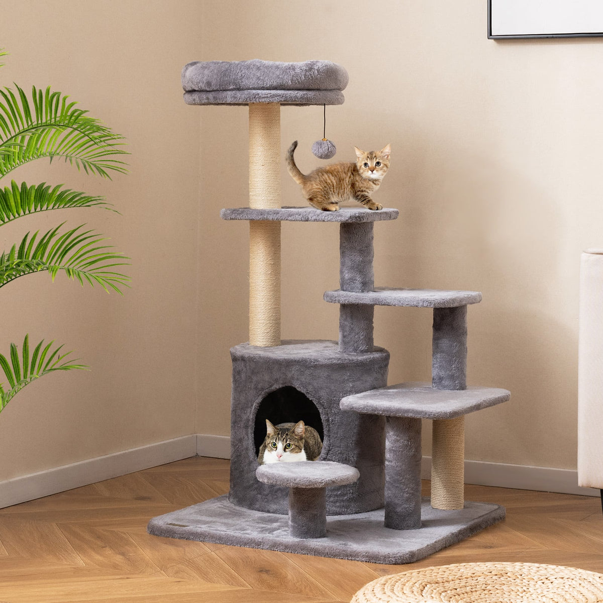 40 Inch Multi-level Cat Tower with Condo and Dangling Jingle Ball-Gray-Cat Trees & Scratchers-DECOROLALA
