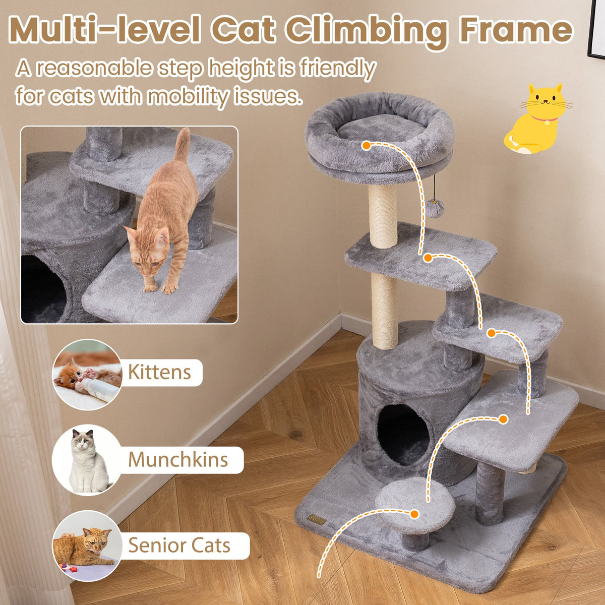 40 Inch Multi-level Cat Tower with Condo and Dangling Jingle Ball-Gray-Cat Trees & Scratchers-DECOROLALA