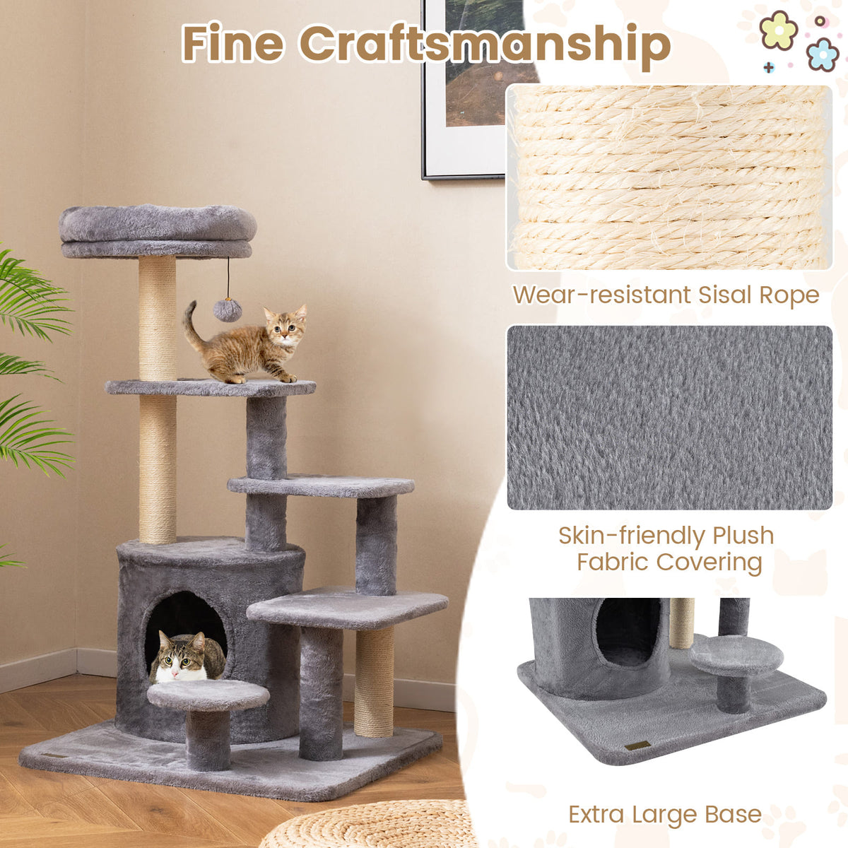 40 Inch Multi-level Cat Tower with Condo and Dangling Jingle Ball-Gray-Cat Trees & Scratchers-DECOROLALA