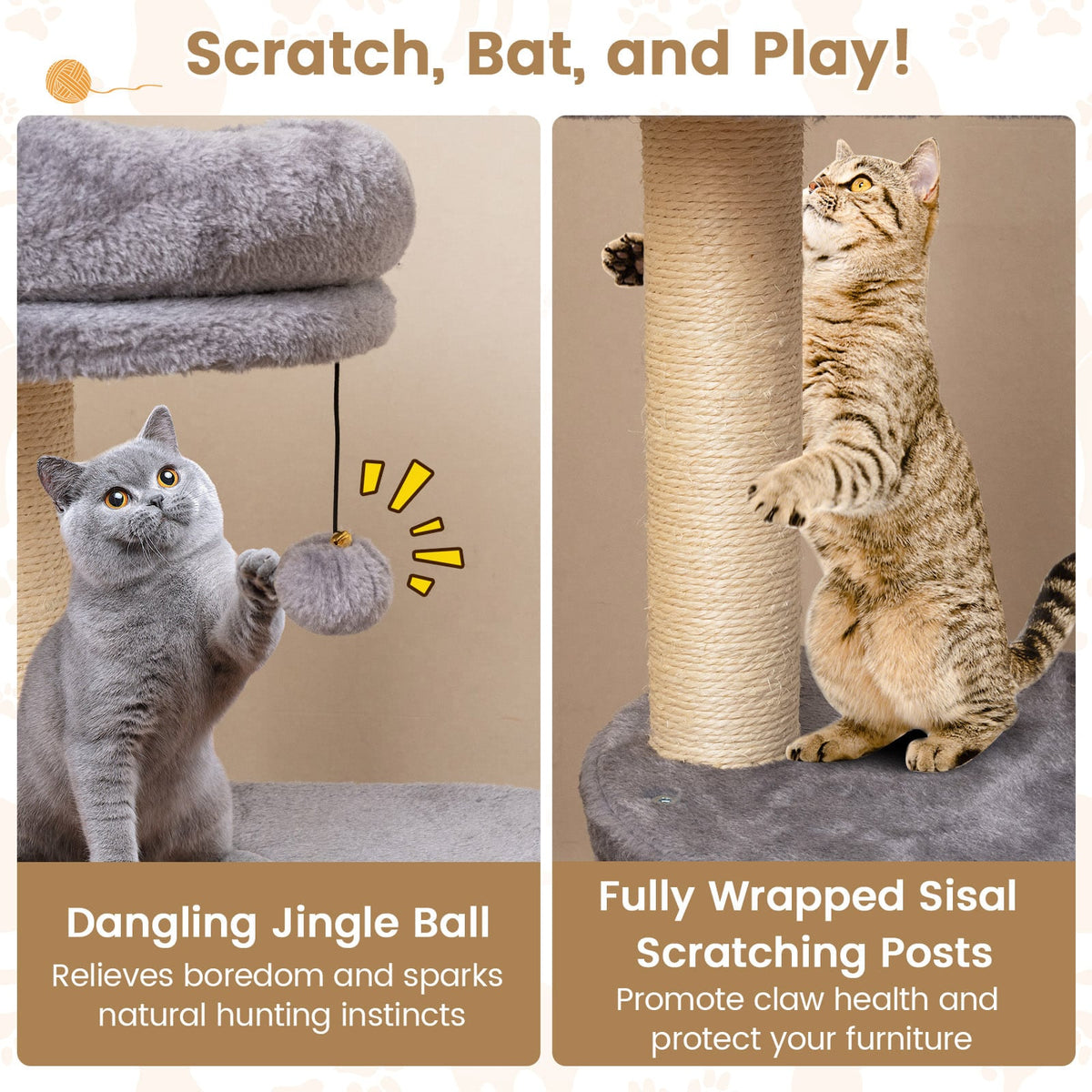 40 Inch Multi-level Cat Tower with Condo and Dangling Jingle Ball-Gray-Cat Trees & Scratchers-DECOROLALA