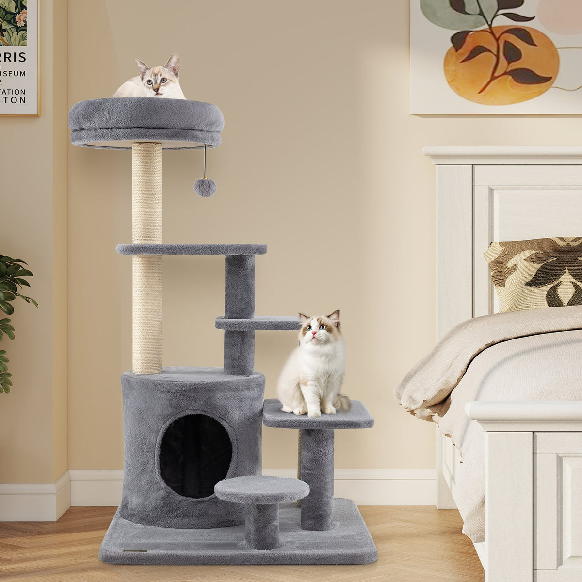 40 Inch Multi-level Cat Tower with Condo and Dangling Jingle Ball-Gray-Cat Trees & Scratchers-DECOROLALA