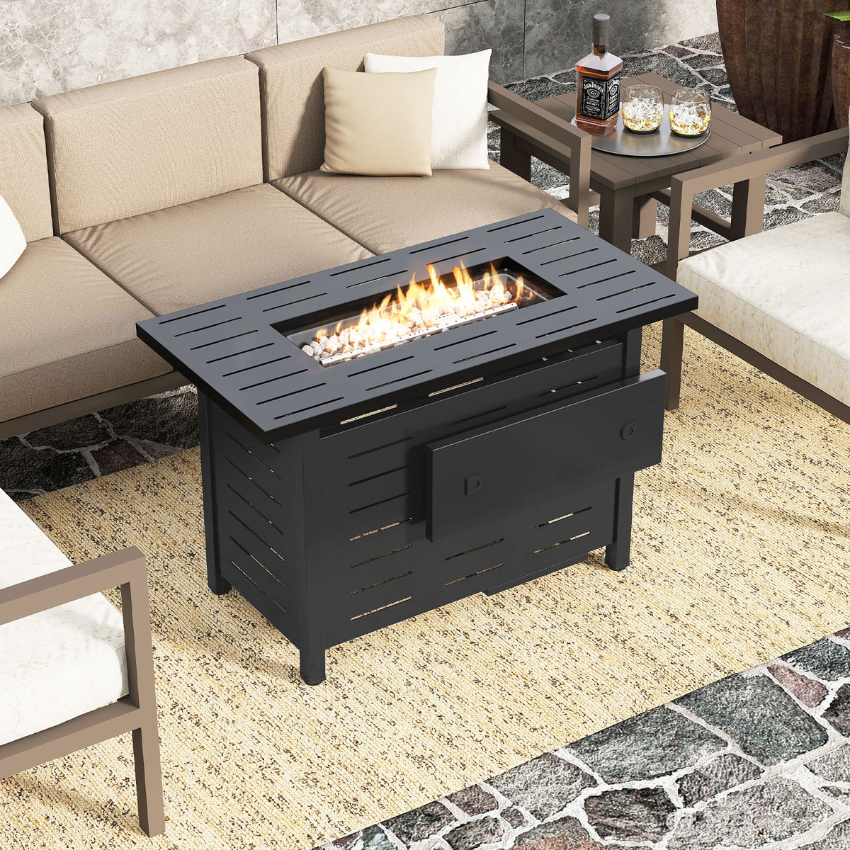 40 Inch Outdoor Propane Fire Pit Rectangle Gas Fire Table with Lava Rocks-Black-Fire Pit Tables-DECOROLALA