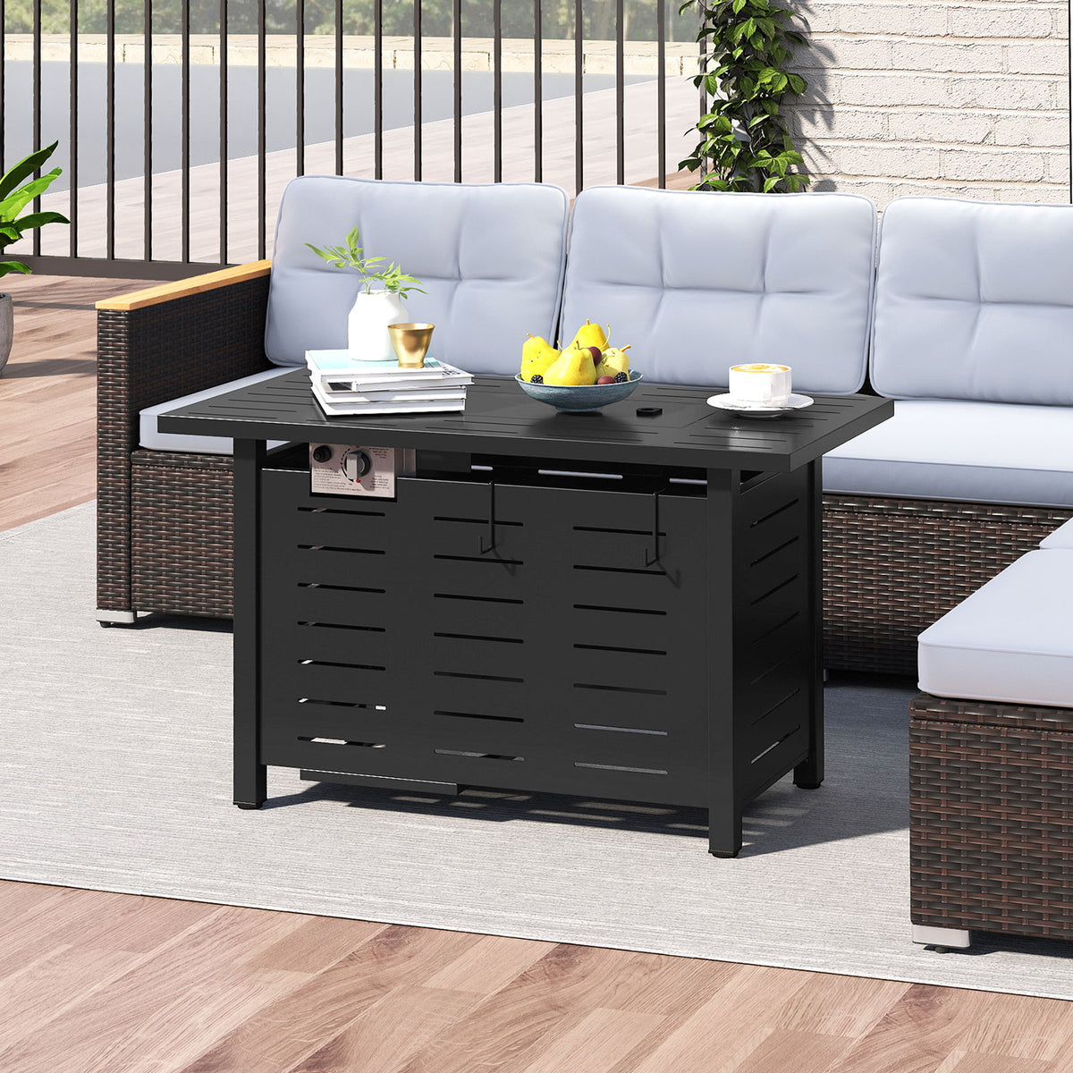 40 Inch Outdoor Propane Fire Pit Rectangle Gas Fire Table with Lava Rocks-Black-Fire Pit Tables-DECOROLALA