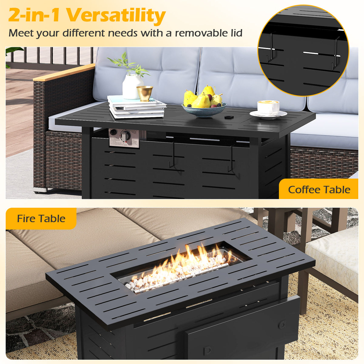 40 Inch Outdoor Propane Fire Pit Rectangle Gas Fire Table with Lava Rocks-Black-Fire Pit Tables-DECOROLALA