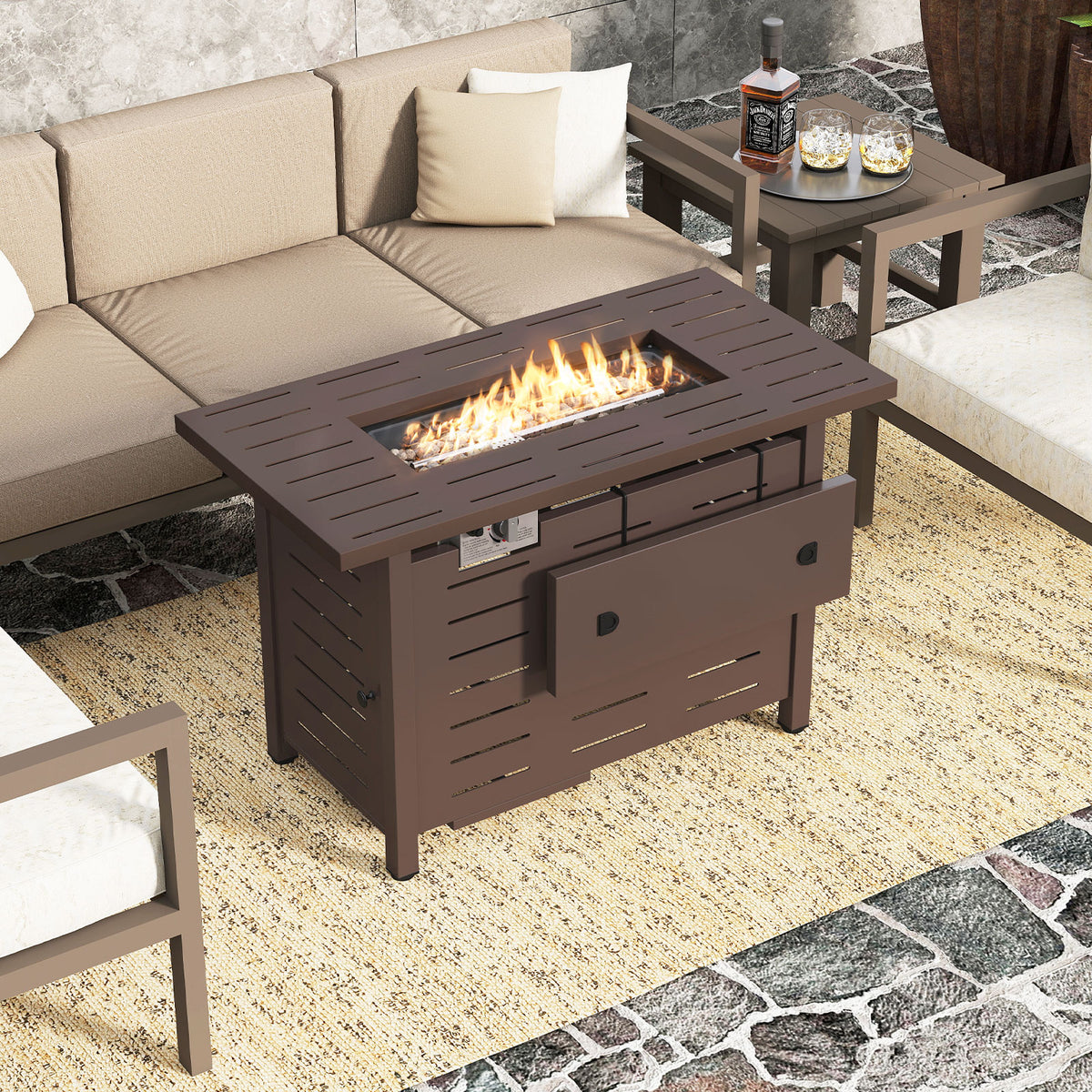 40 Inch Outdoor Propane Fire Pit Rectangle Gas Fire Table with Lava Rocks-Brown-Fire Pit Tables-DECOROLALA