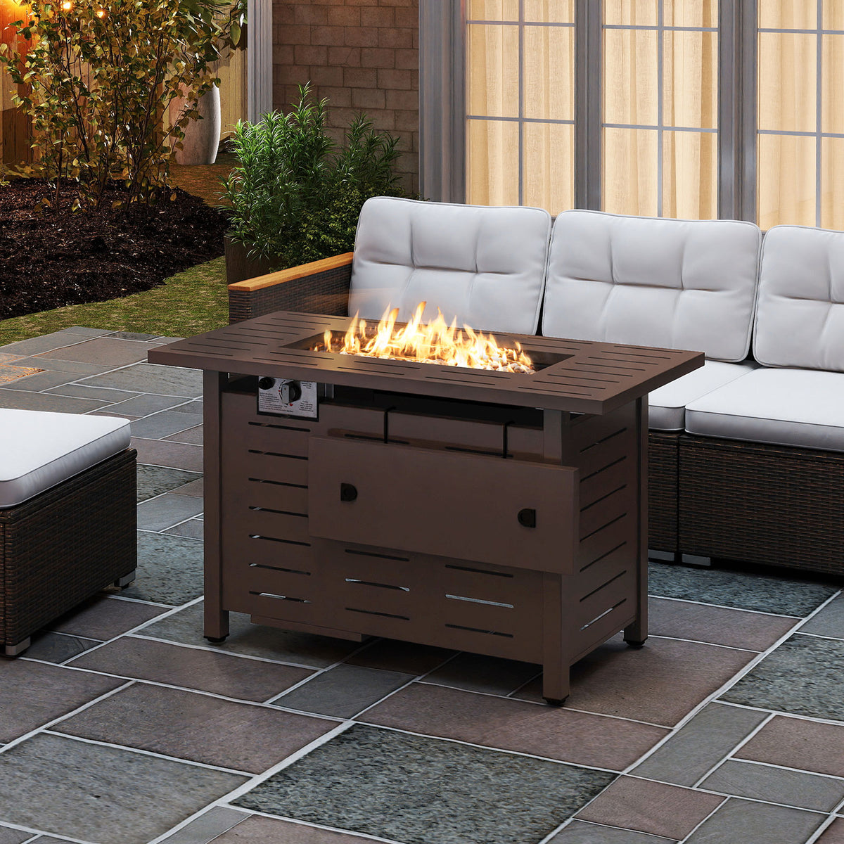 40 Inch Outdoor Propane Fire Pit Rectangle Gas Fire Table with Lava Rocks-Brown-Fire Pit Tables-DECOROLALA