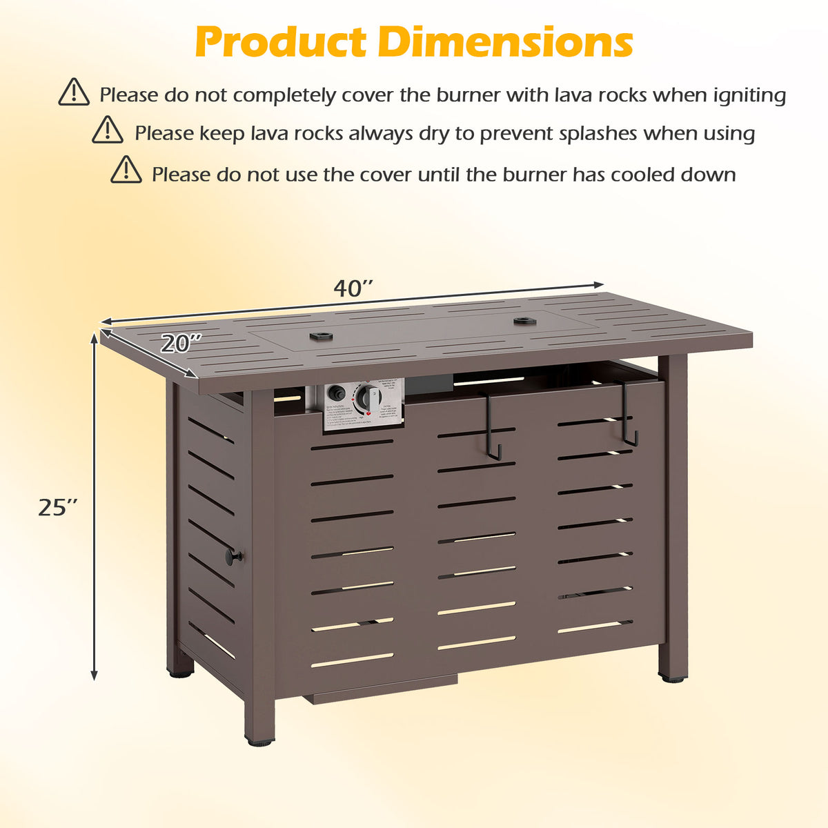40 Inch Outdoor Propane Fire Pit Rectangle Gas Fire Table with Lava Rocks-Brown-Fire Pit Tables-DECOROLALA