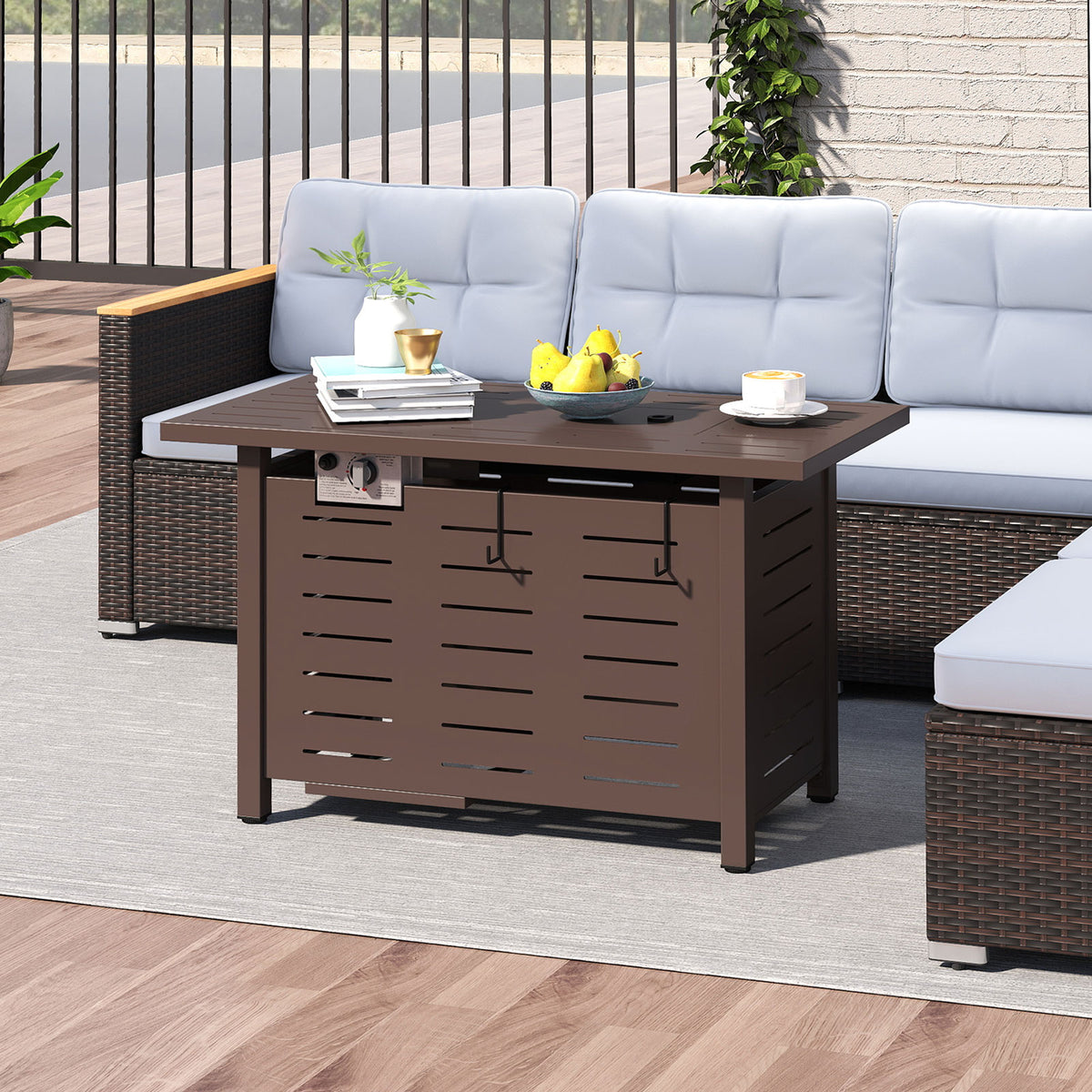 40 Inch Outdoor Propane Fire Pit Rectangle Gas Fire Table with Lava Rocks-Brown-Fire Pit Tables-DECOROLALA