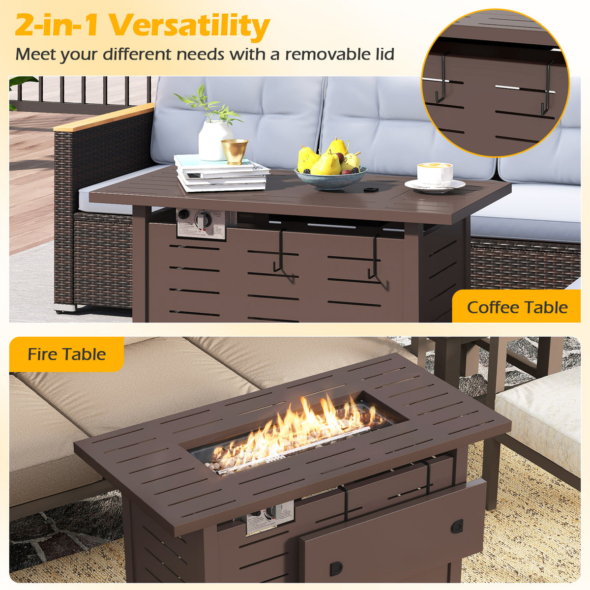 40 Inch Outdoor Propane Fire Pit Rectangle Gas Fire Table with Lava Rocks-Brown-Fire Pit Tables-DECOROLALA