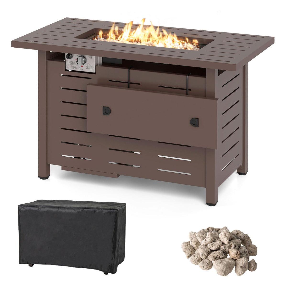 40 Inch Outdoor Propane Fire Pit Rectangle Gas Fire Table with Lava Rocks-Brown-Fire Pit Tables-DECOROLALA