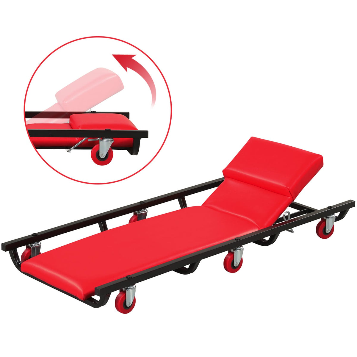 40 Inch Rolling Creeper Padded Mechanic Cart with Adjustable Backrest and Headrest-Red-Garages-DECOROLALA