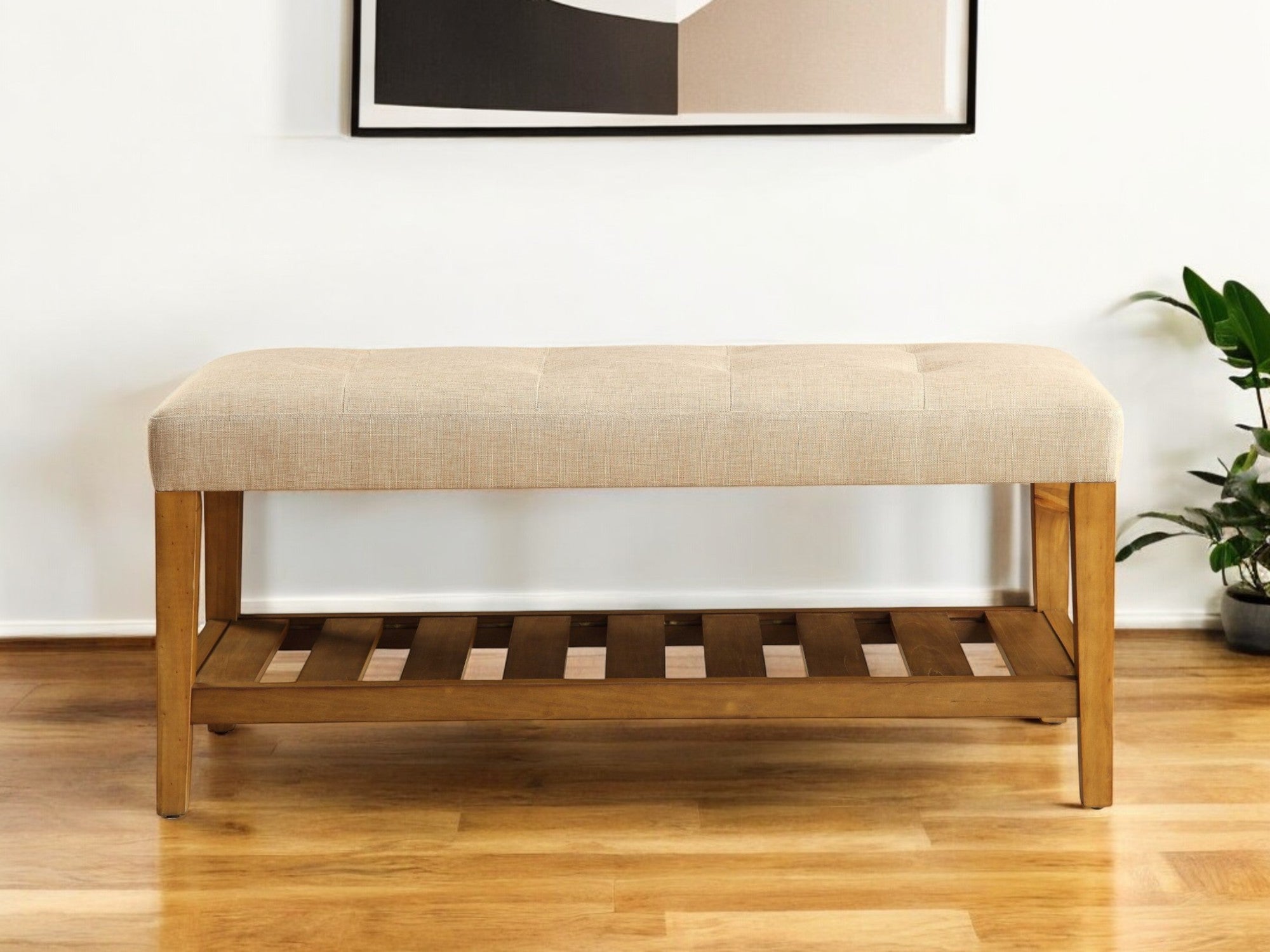 40" Light Gray and Brown Upholstered Polyester Bench with Shelves-Benches-DECOROLALA