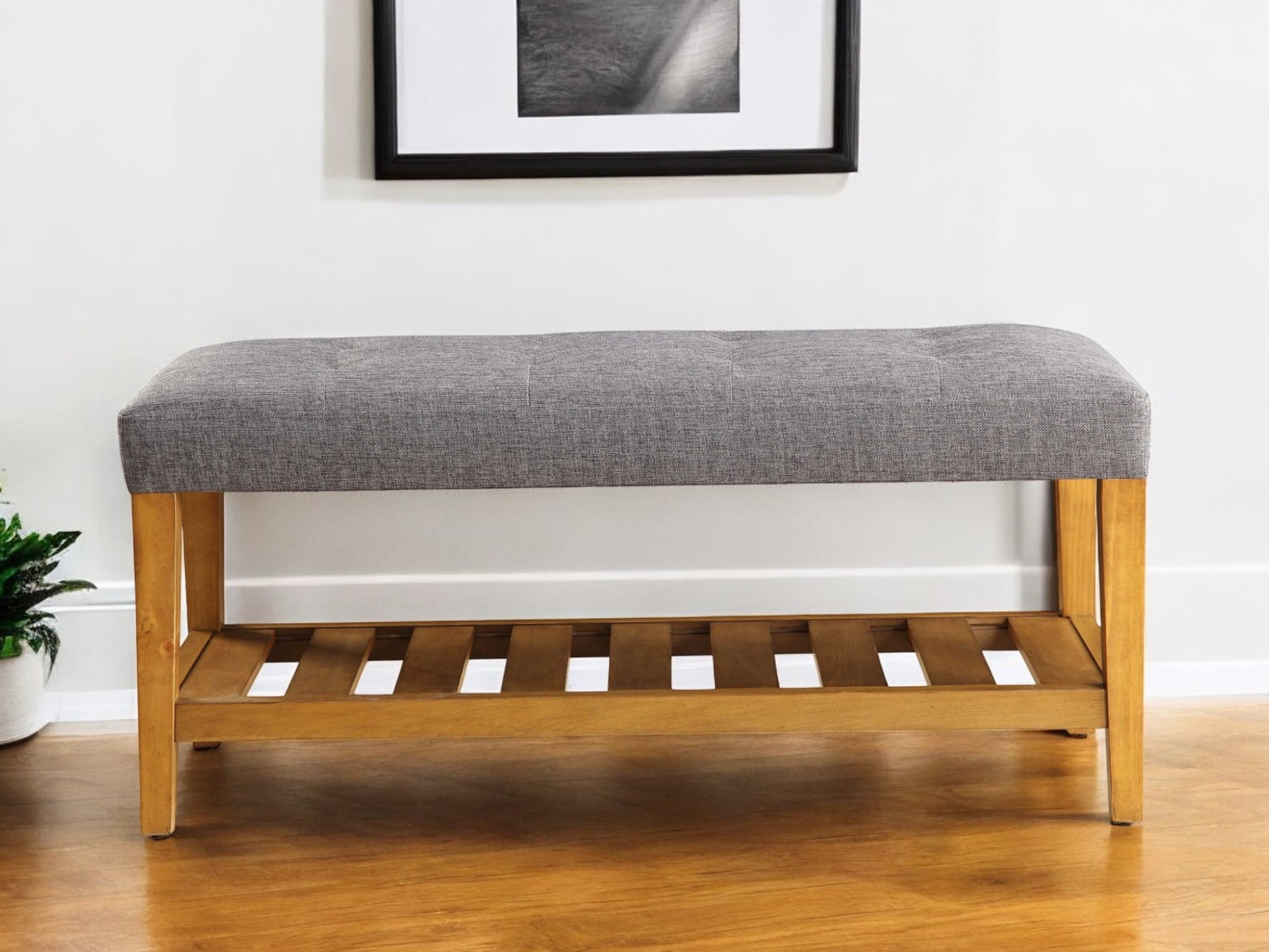 40" Light Gray and Brown Upholstered Polyester Bench with Shelves-Benches-DECOROLALA