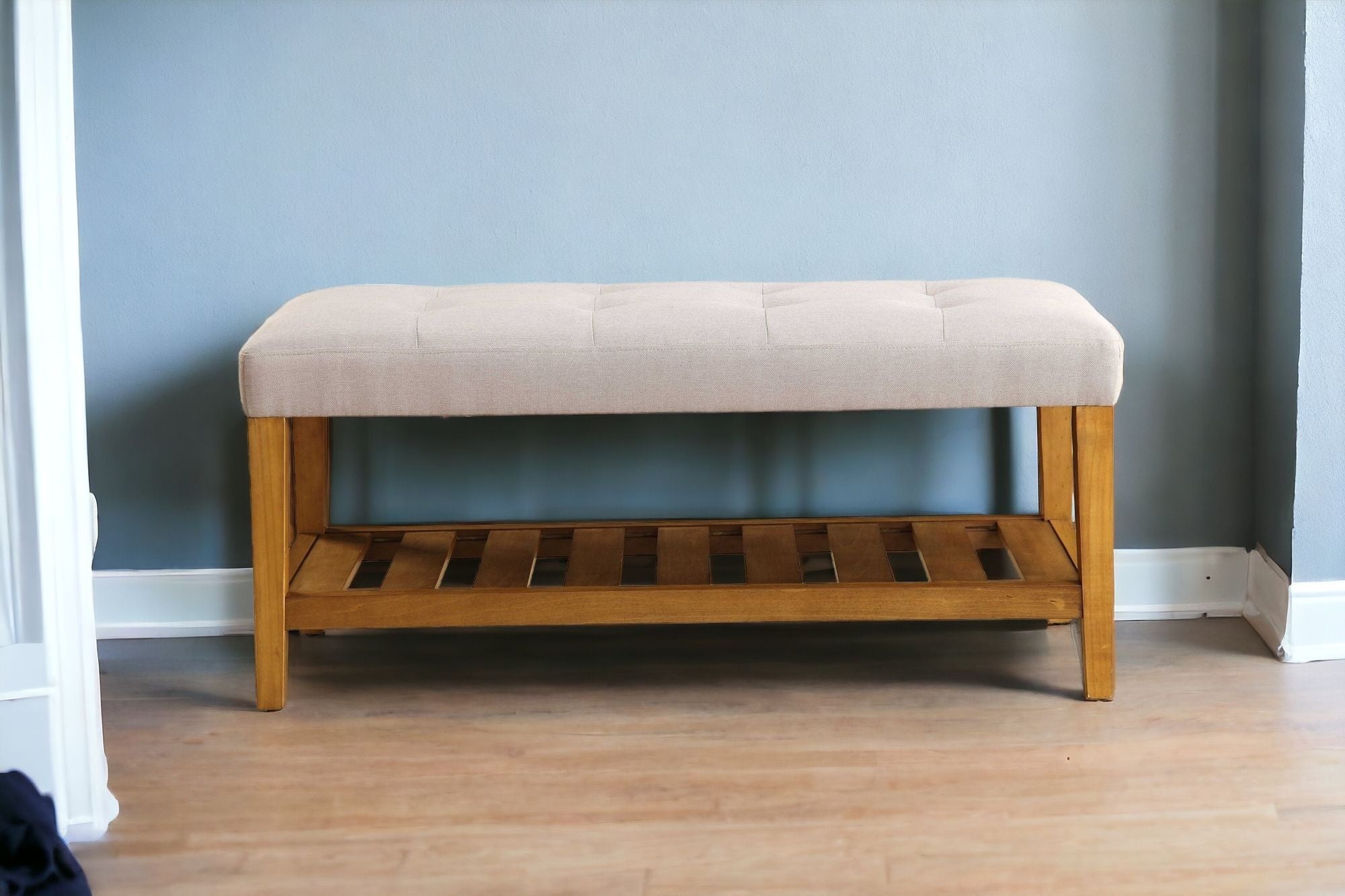 40" Light Gray and Brown Upholstered Polyester Bench with Shelves-Benches-DECOROLALA