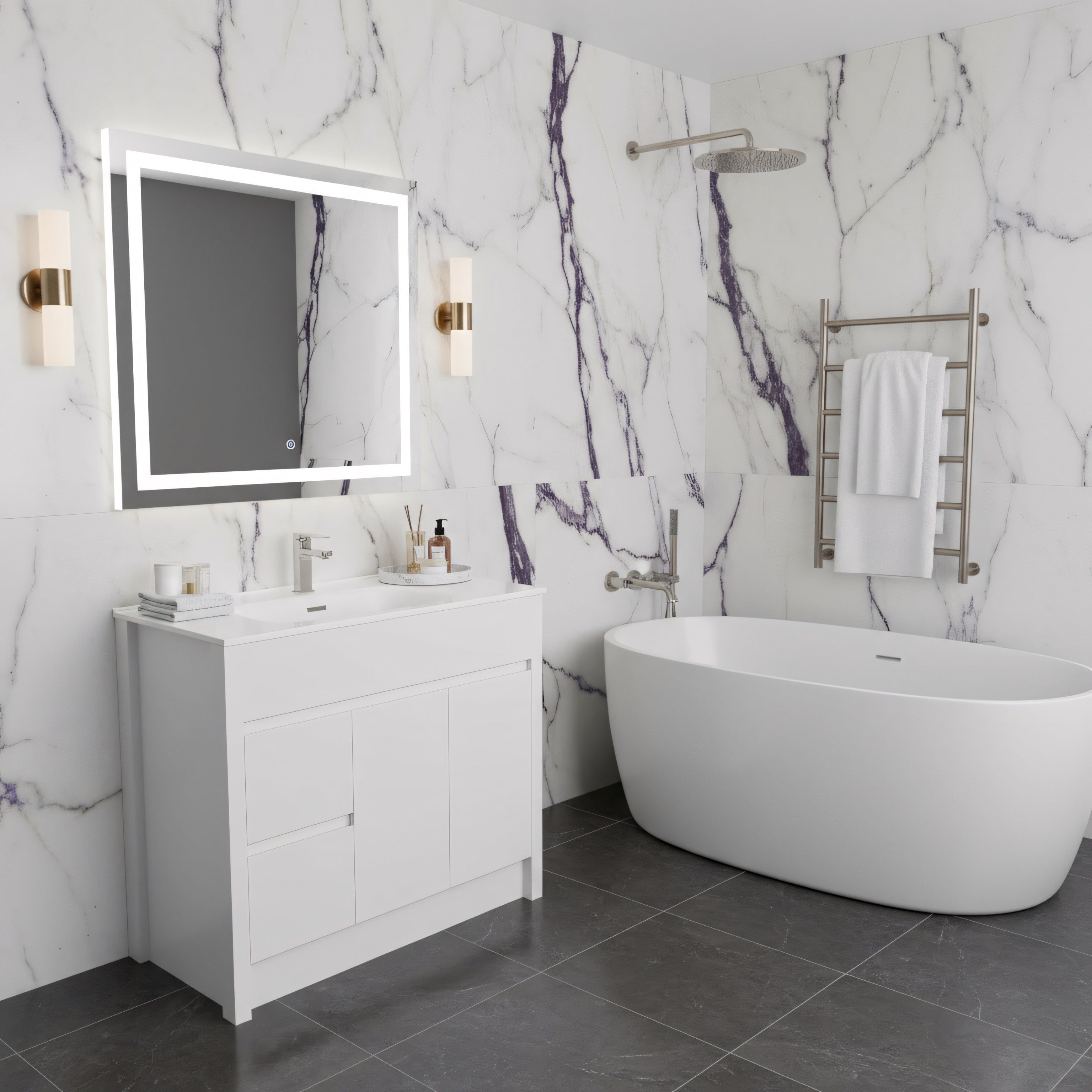 40" Matte White Freestanding Single Sink Bathroom Vanity with White Ceramic Countertop-Migration_Bathroom Vanities-DECOROLALA