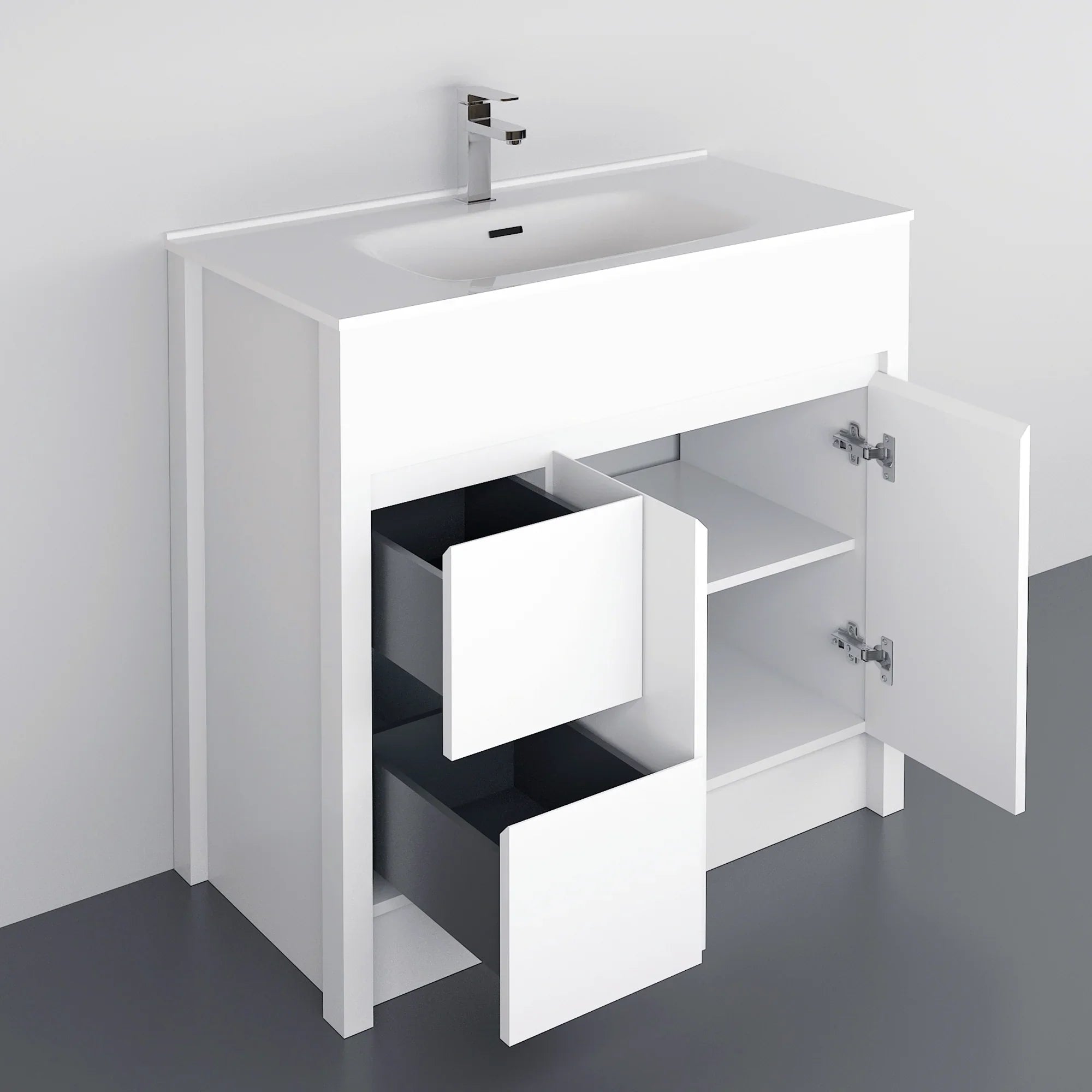 40" Matte White Freestanding Single Sink Bathroom Vanity with White Ceramic Countertop-Migration_Bathroom Vanities-DECOROLALA