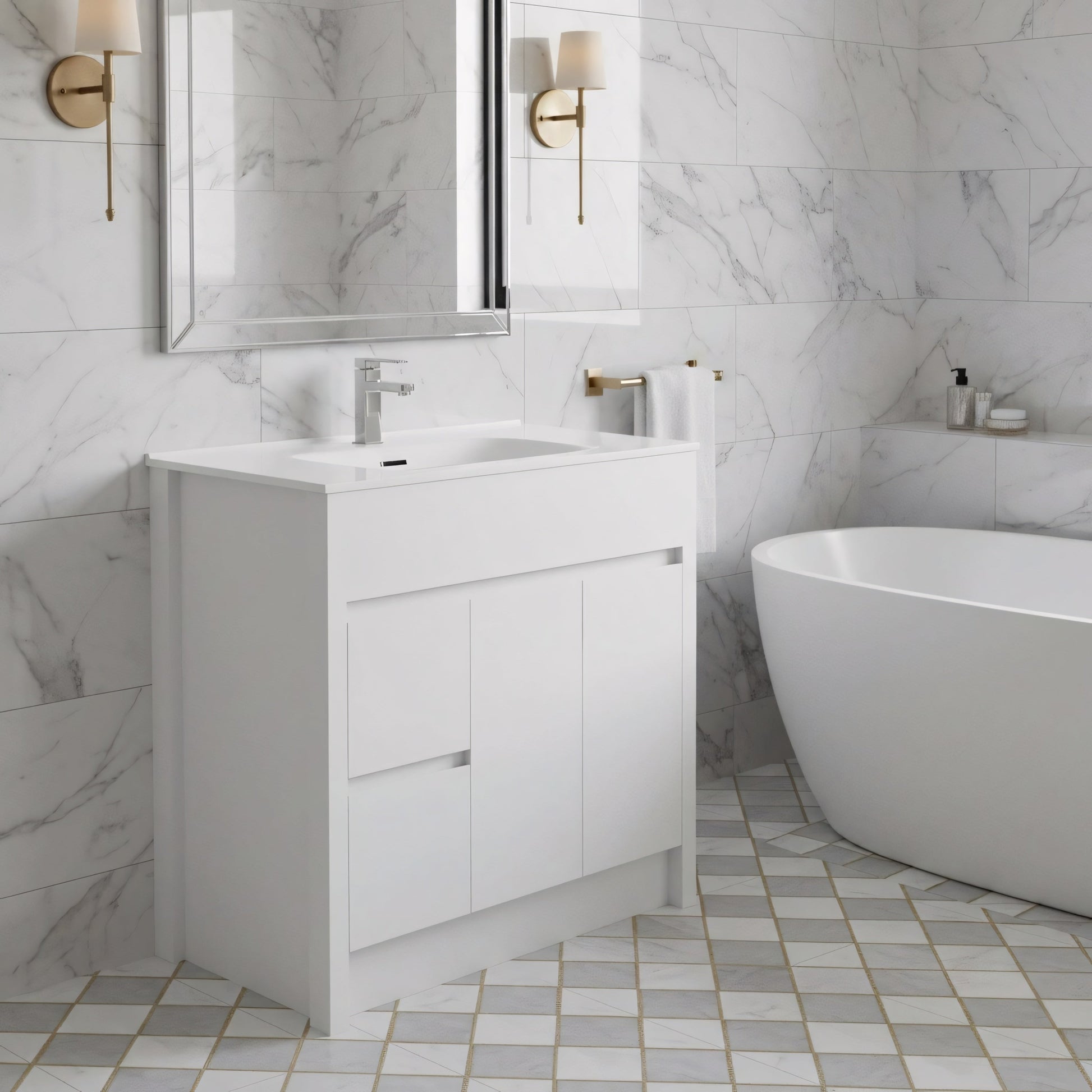 40" Matte White Freestanding Single Sink Bathroom Vanity with White Ceramic Countertop-Migration_Bathroom Vanities-DECOROLALA