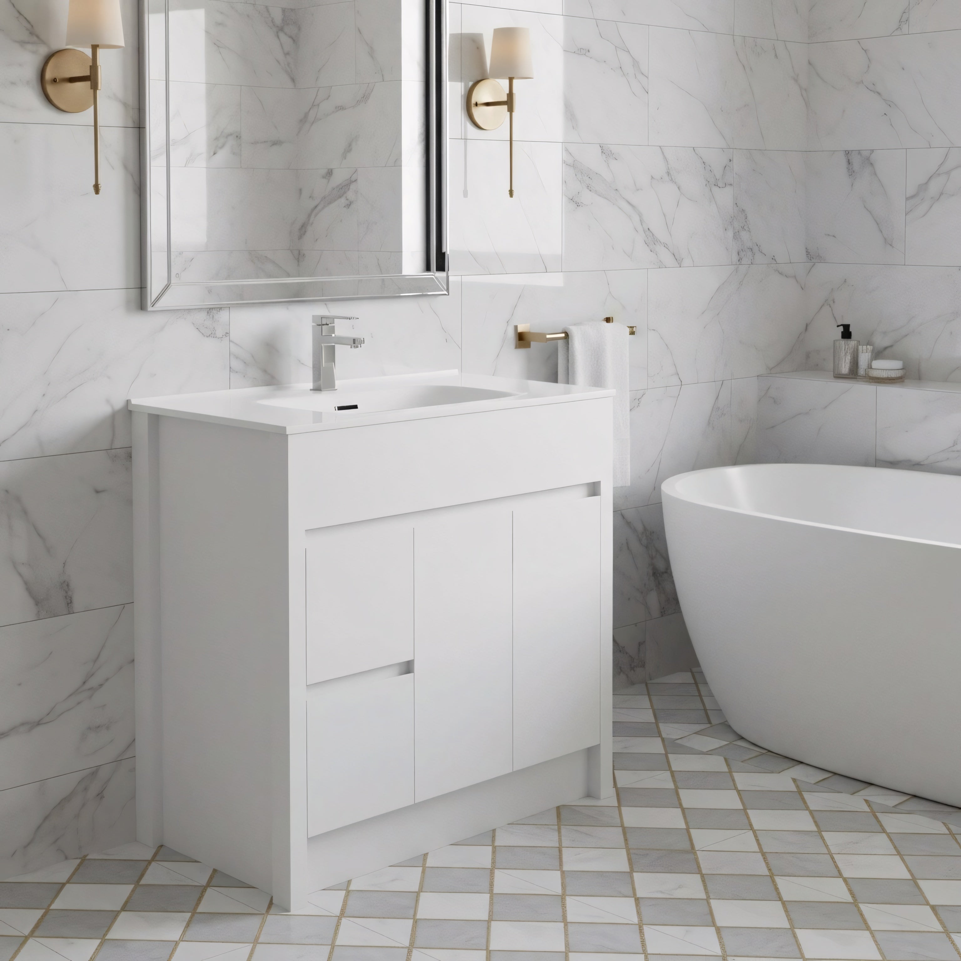 40" Matte White Freestanding Single Sink Bathroom Vanity with White Ceramic Countertop-Migration_Bathroom Vanities-DECOROLALA