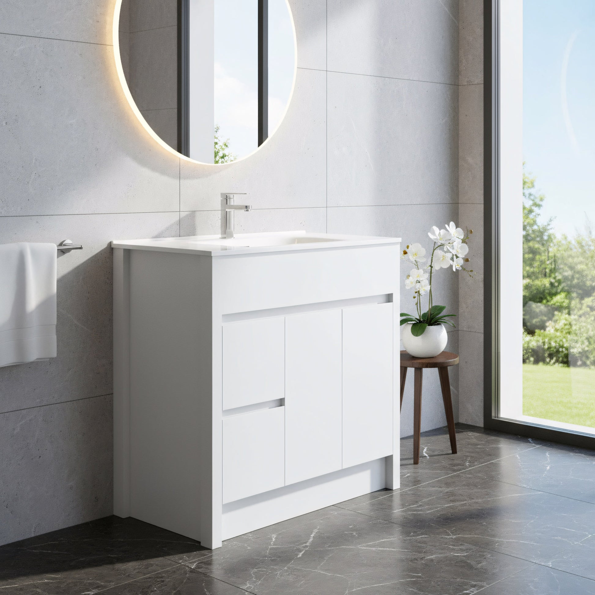 40" Matte White Freestanding Single Sink Bathroom Vanity with White Ceramic Countertop-Migration_Bathroom Vanities-DECOROLALA