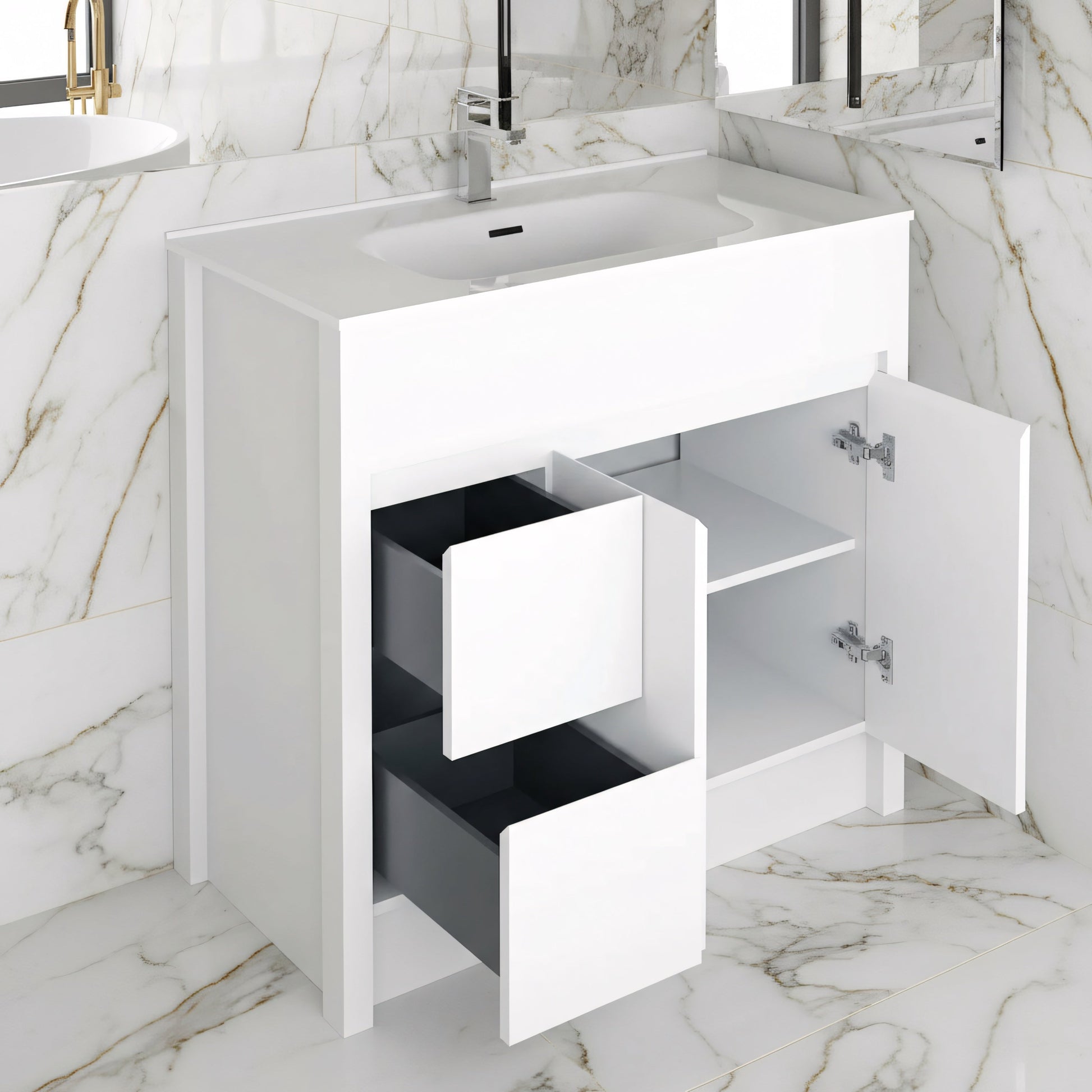 40" Matte White Freestanding Single Sink Bathroom Vanity with White Ceramic Countertop-Migration_Bathroom Vanities-DECOROLALA