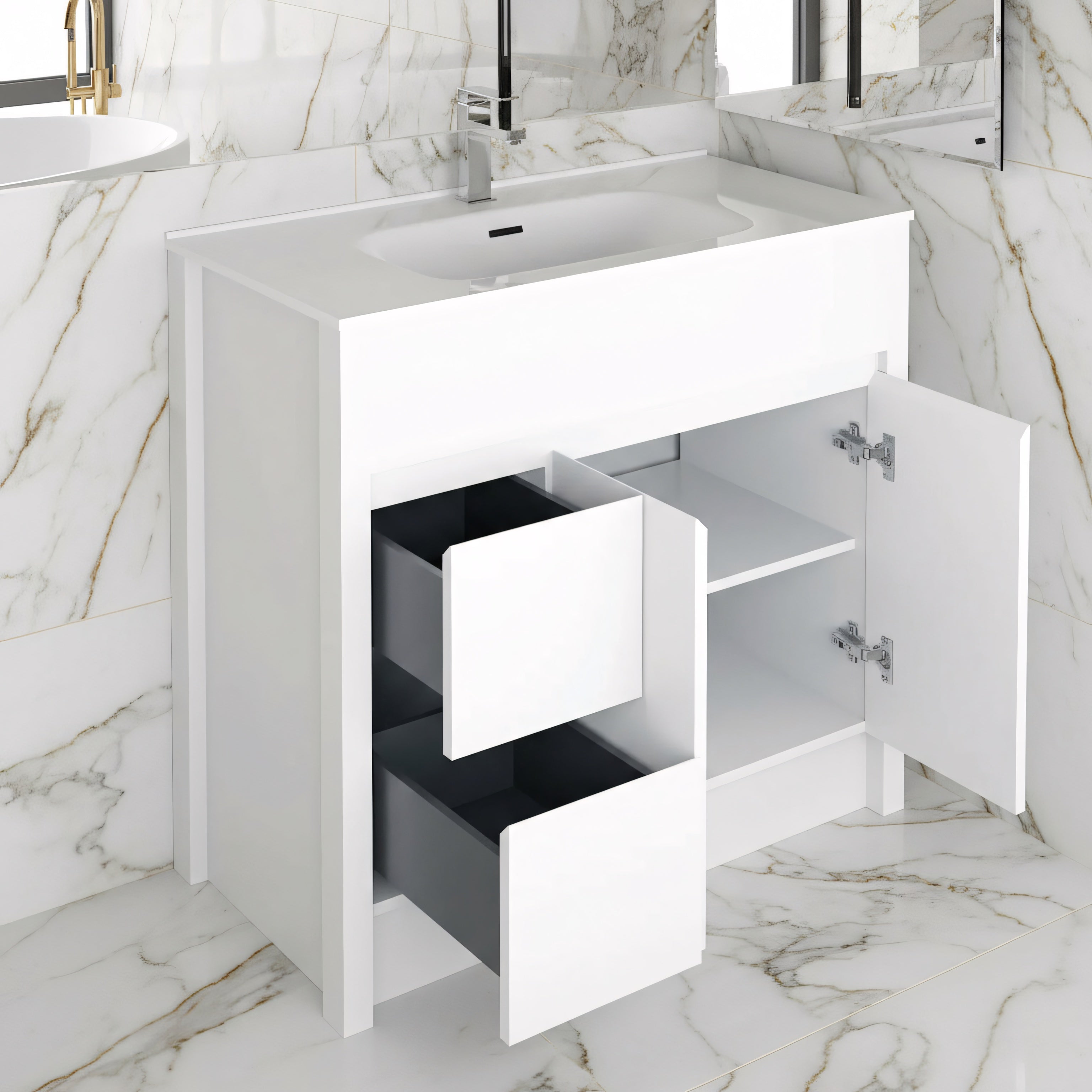 40" Matte White Freestanding Single Sink Bathroom Vanity with White Ceramic Countertop-Migration_Bathroom Vanities-DECOROLALA