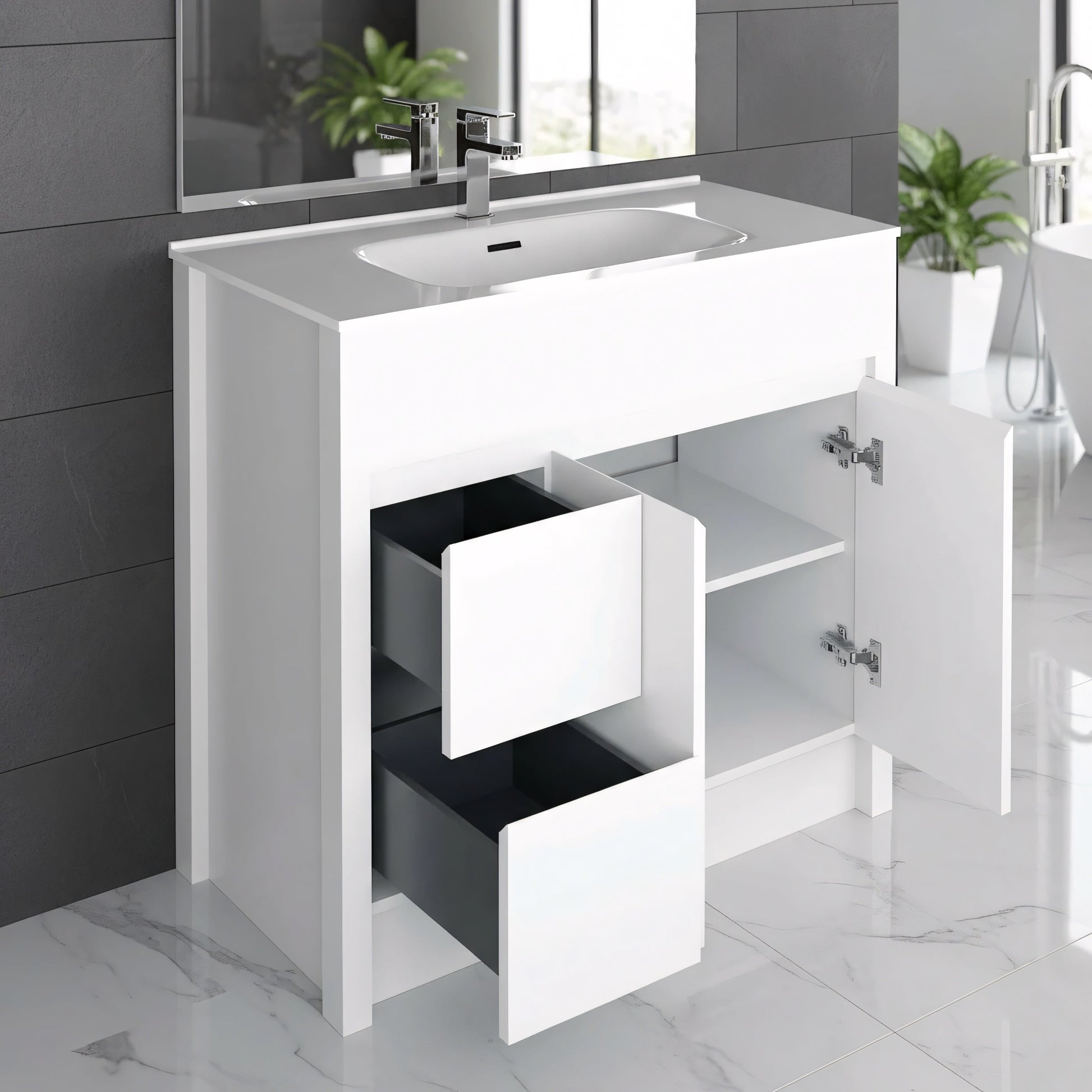40" Matte White Freestanding Single Sink Bathroom Vanity with White Ceramic Countertop-Migration_Bathroom Vanities-DECOROLALA