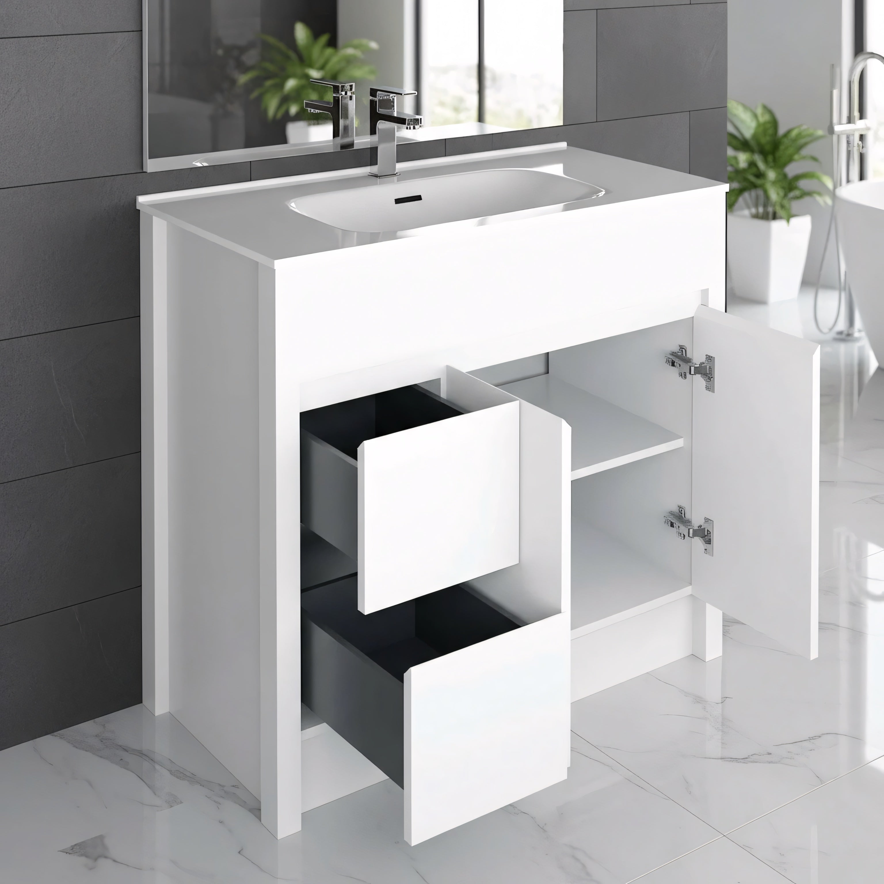 40" Matte White Freestanding Single Sink Bathroom Vanity with White Ceramic Countertop-Migration_Bathroom Vanities-DECOROLALA