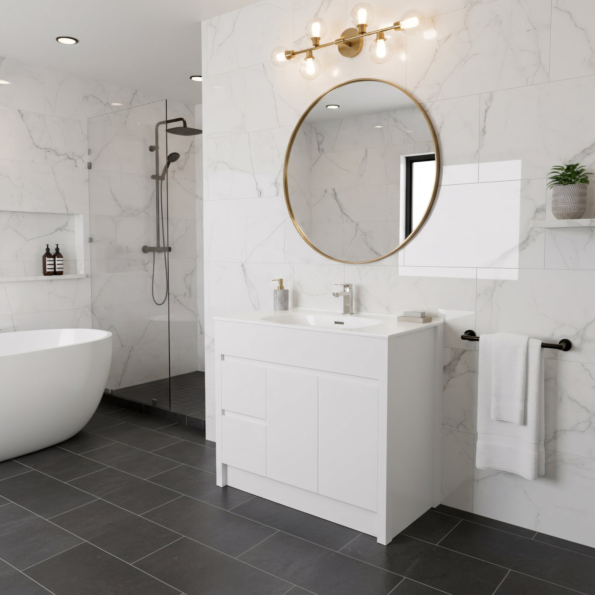 40" Matte White Freestanding Single Sink Bathroom Vanity with White Ceramic Countertop-Migration_Bathroom Vanities-DECOROLALA