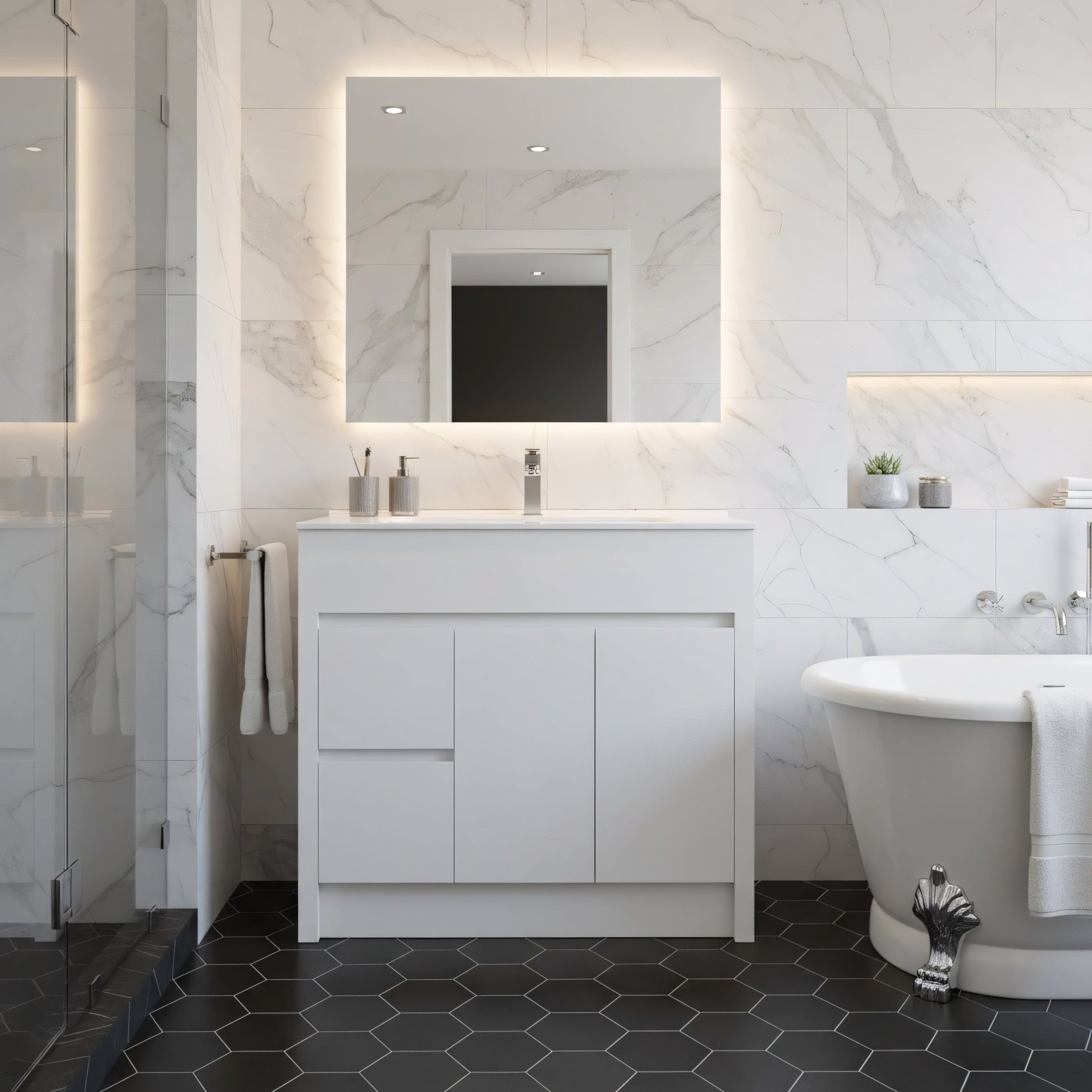 40" Matte White Freestanding Single Sink Bathroom Vanity with White Ceramic Countertop-Migration_Bathroom Vanities-DECOROLALA