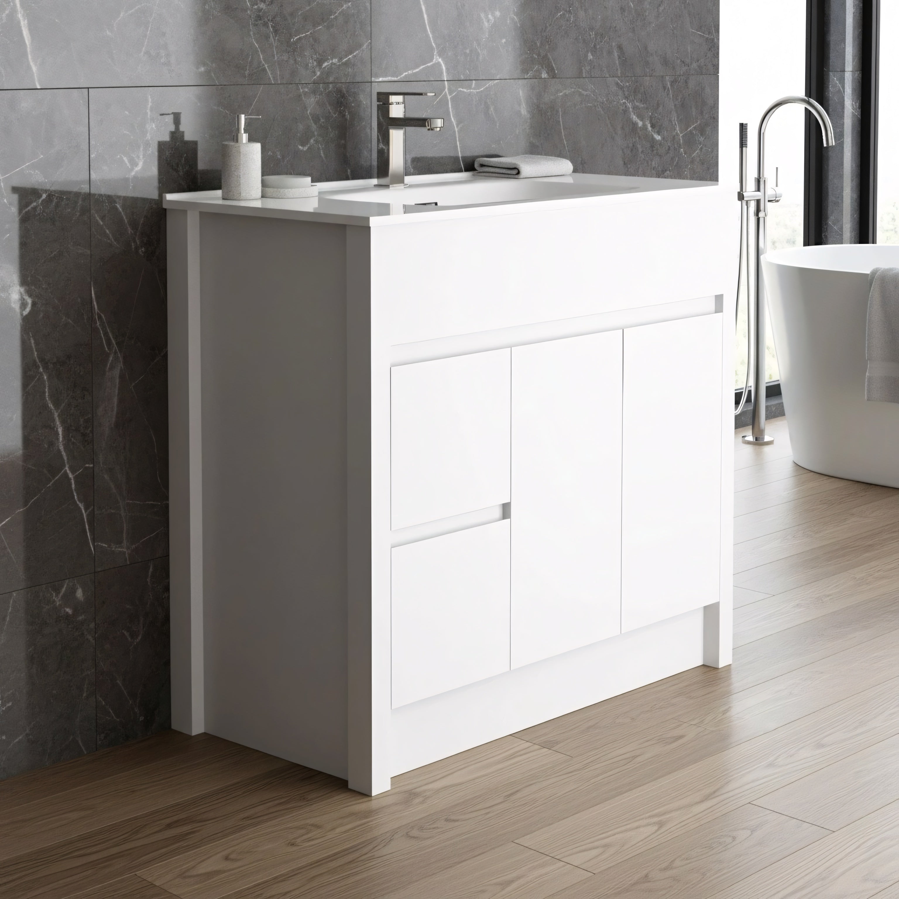 40" Matte White Freestanding Single Sink Bathroom Vanity with White Ceramic Countertop-Migration_Bathroom Vanities-DECOROLALA