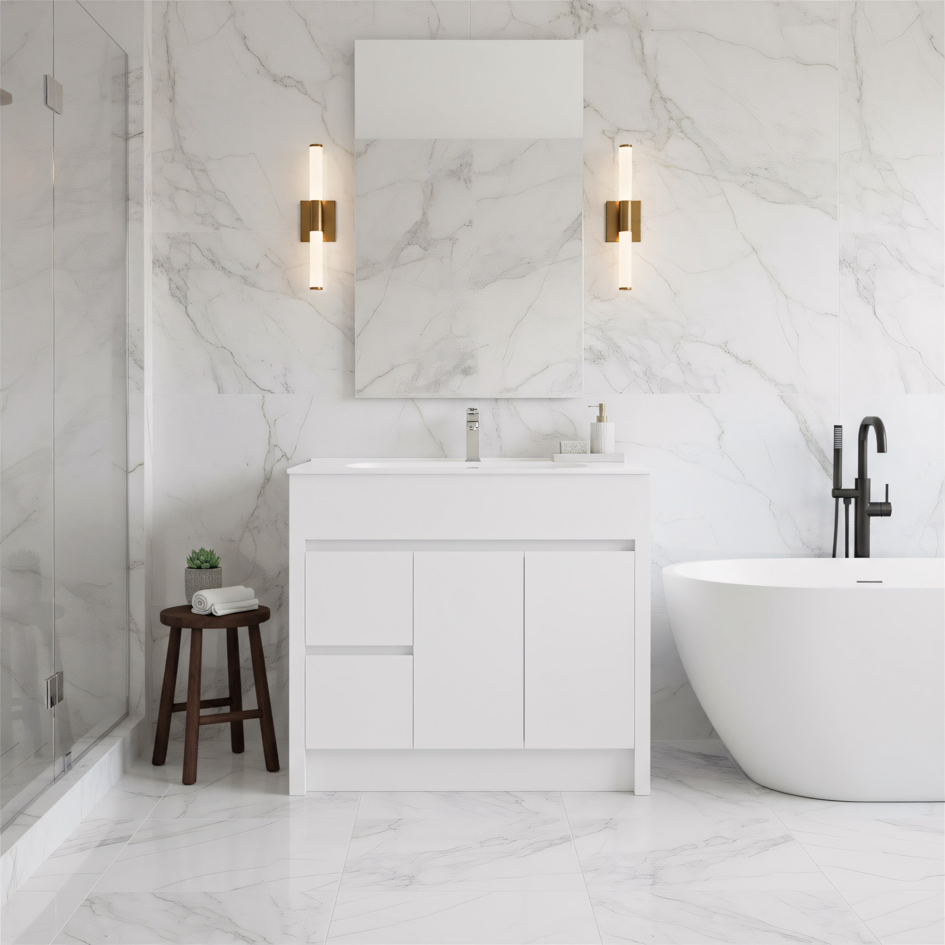 40" Matte White Freestanding Single Sink Bathroom Vanity with White Ceramic Countertop-Migration_Bathroom Vanities-DECOROLALA