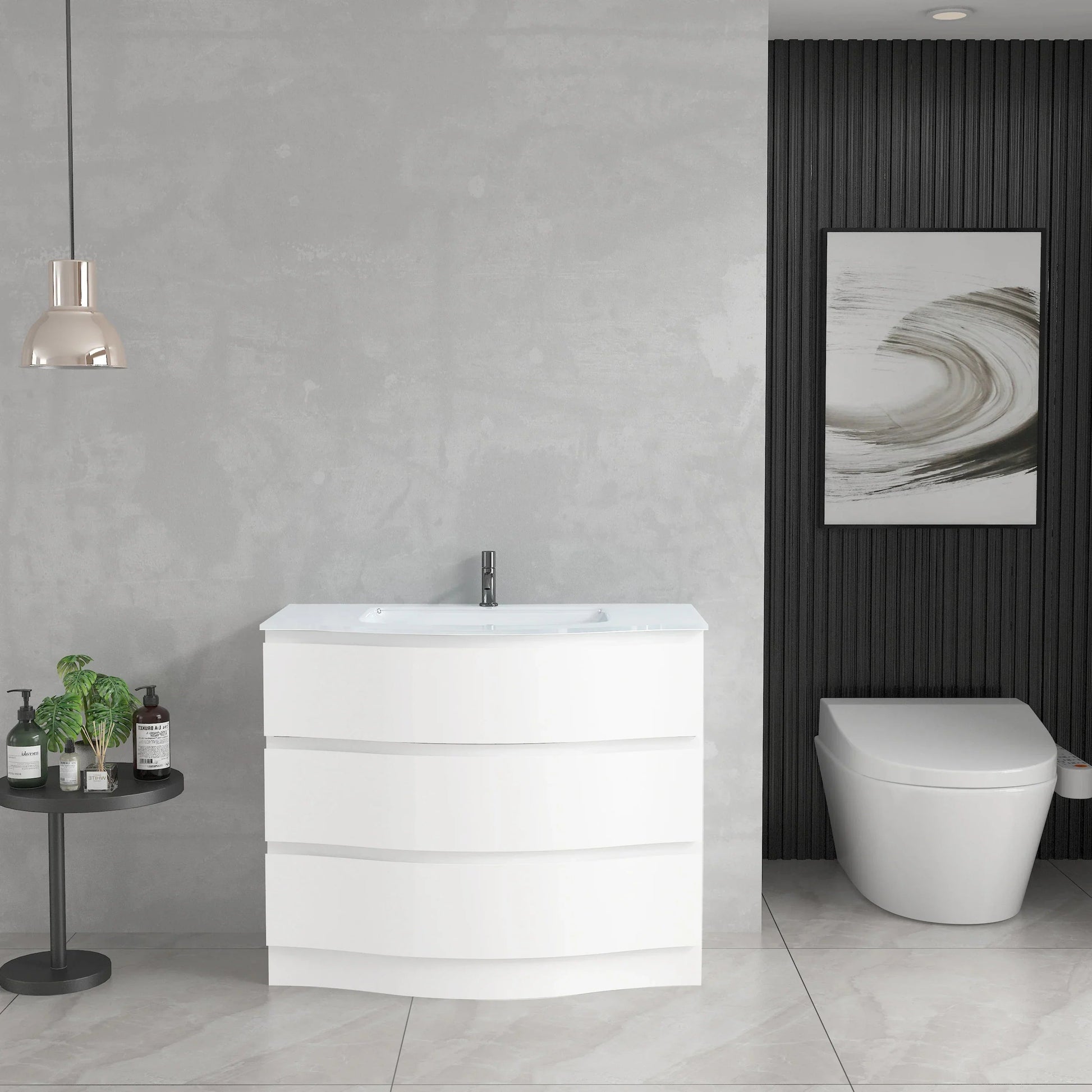 40" Matte White Freestanding Single Sink Bathroom Vanity with White Glass Countertop-Migration_Bathroom Vanities-DECOROLALA