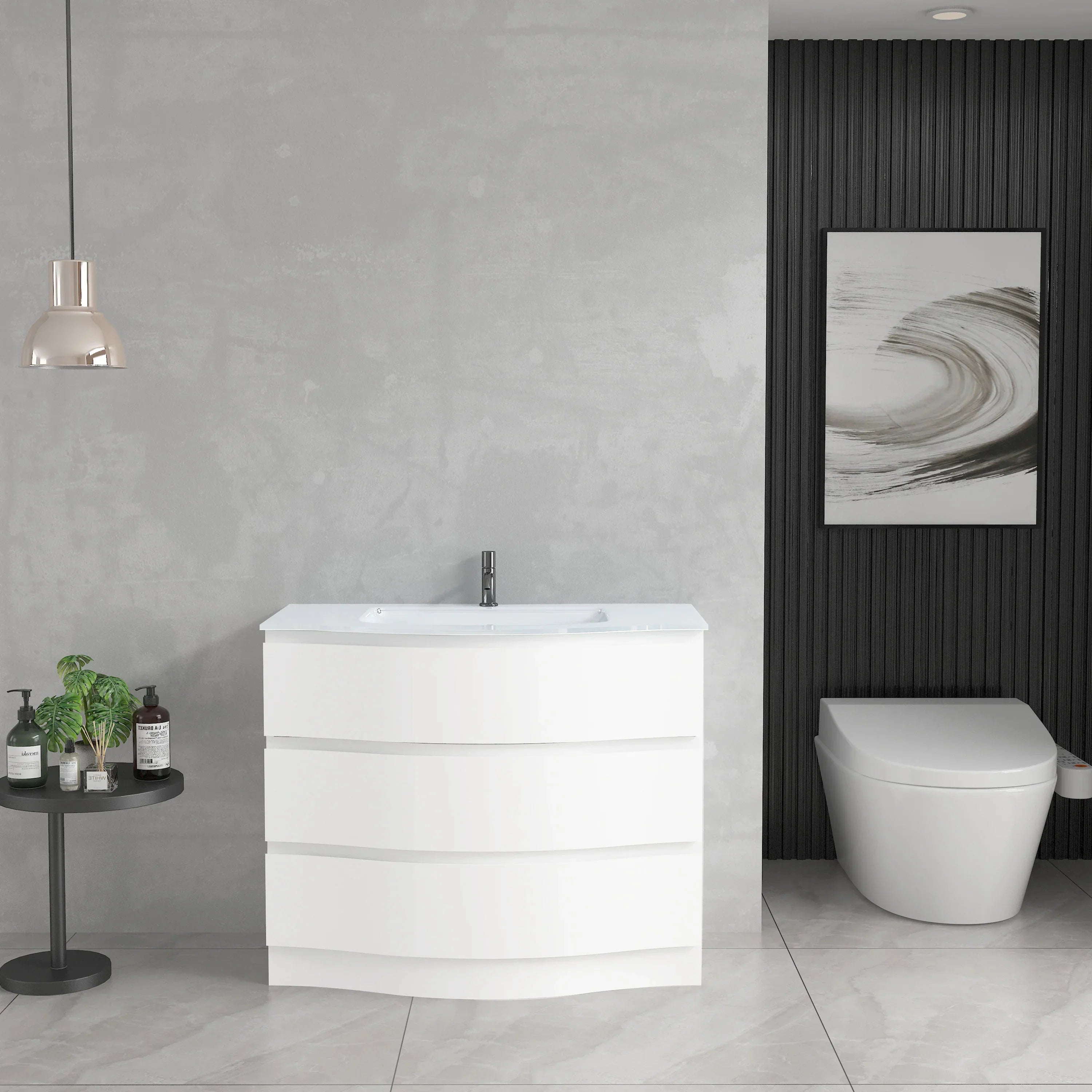 40" Matte White Freestanding Single Sink Bathroom Vanity with White Glass Countertop-Migration_Bathroom Vanities-DECOROLALA