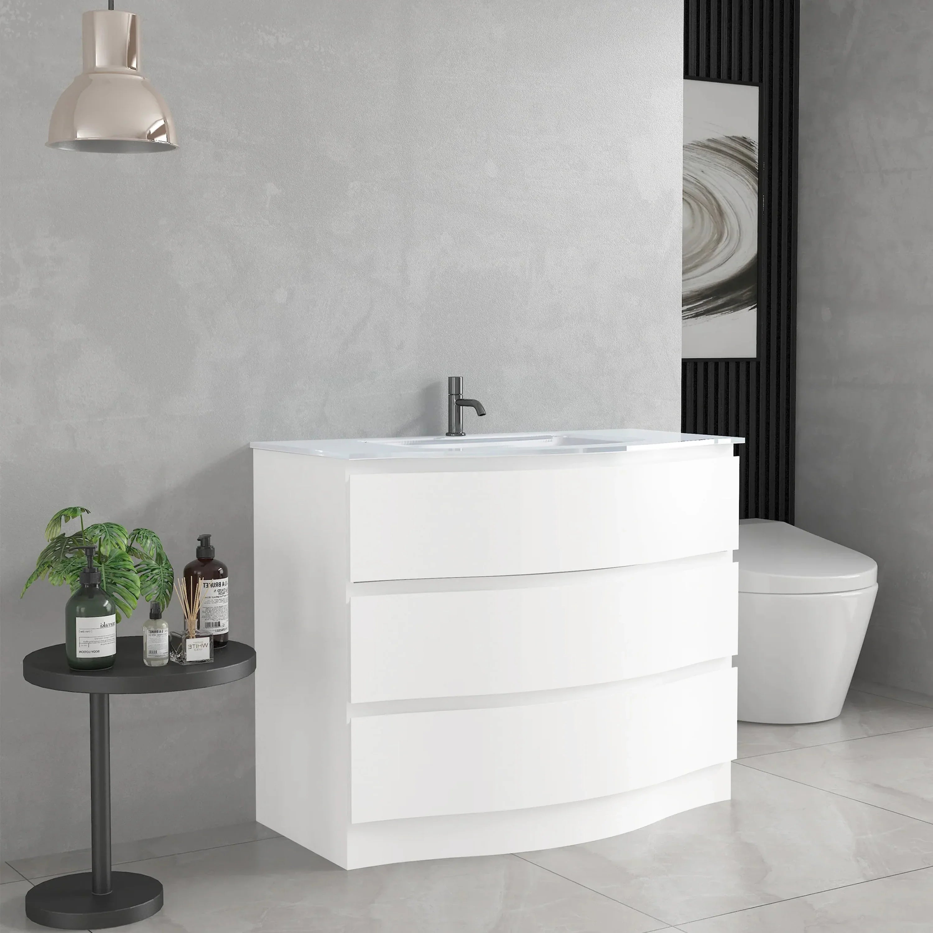 40" Matte White Freestanding Single Sink Bathroom Vanity with White Glass Countertop-Migration_Bathroom Vanities-DECOROLALA