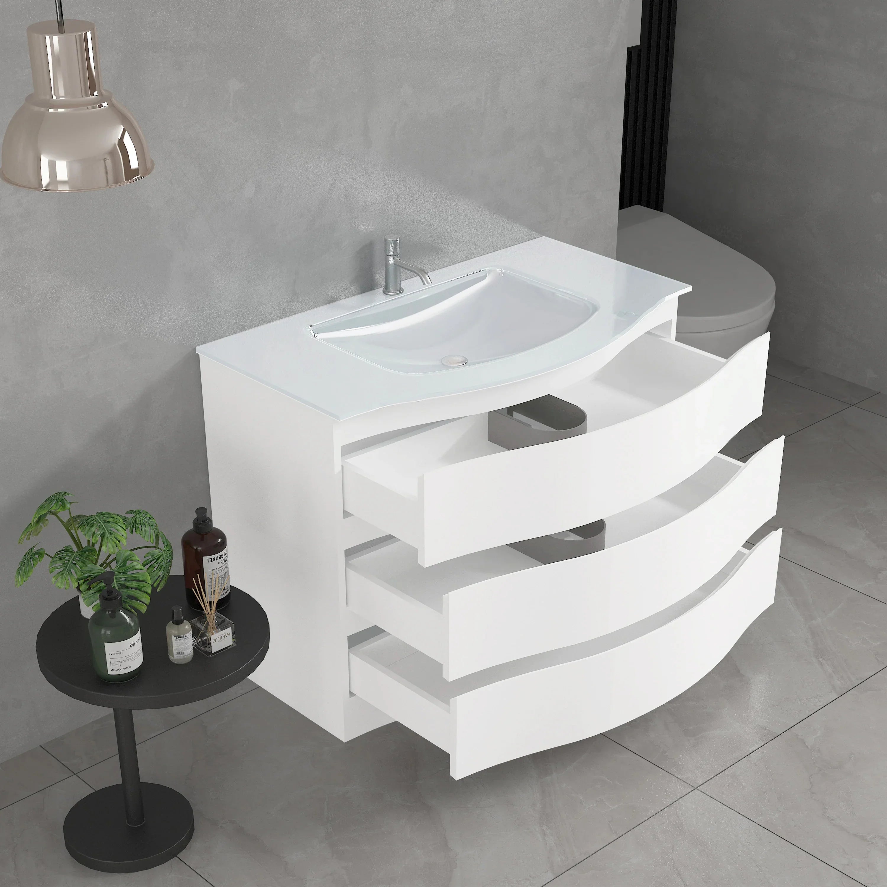 40" Matte White Freestanding Single Sink Bathroom Vanity with White Glass Countertop-Migration_Bathroom Vanities-DECOROLALA