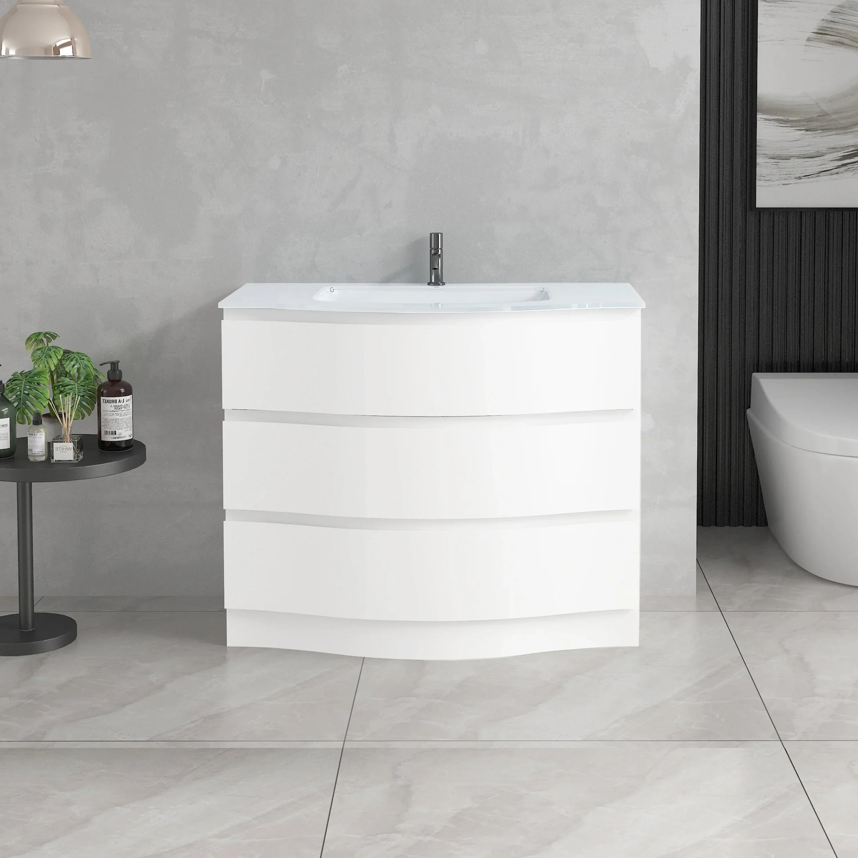 40" Matte White Freestanding Single Sink Bathroom Vanity with White Glass Countertop-Migration_Bathroom Vanities-DECOROLALA