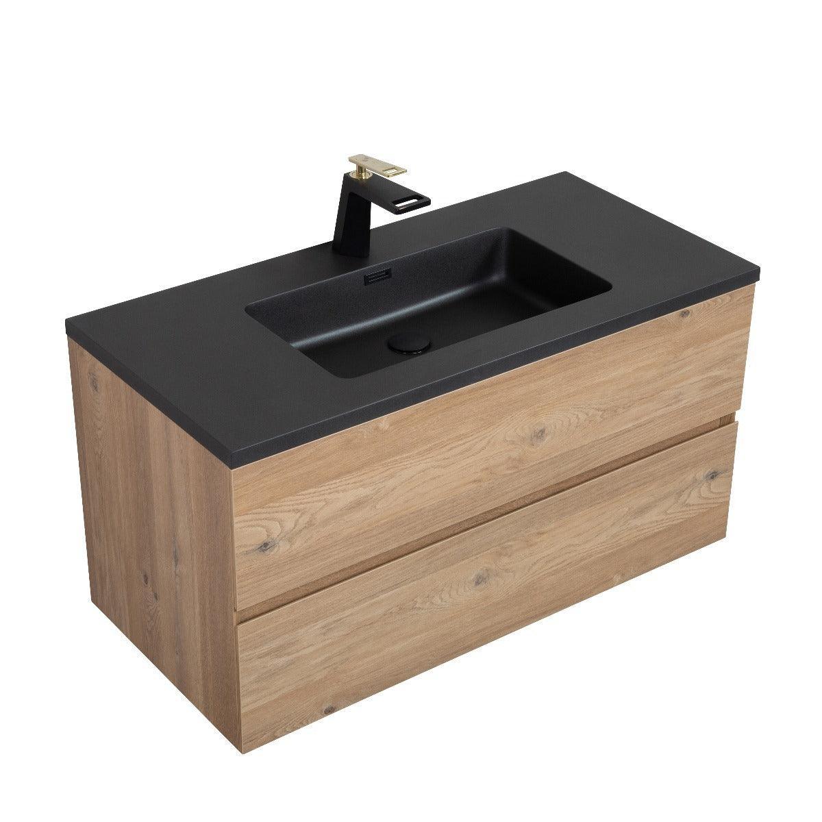 40" Rough Oak Wall Mount Bathroom Vanity with Black Engineered Quartz Countertop-Migration_Bathroom Vanities-DECOROLALA