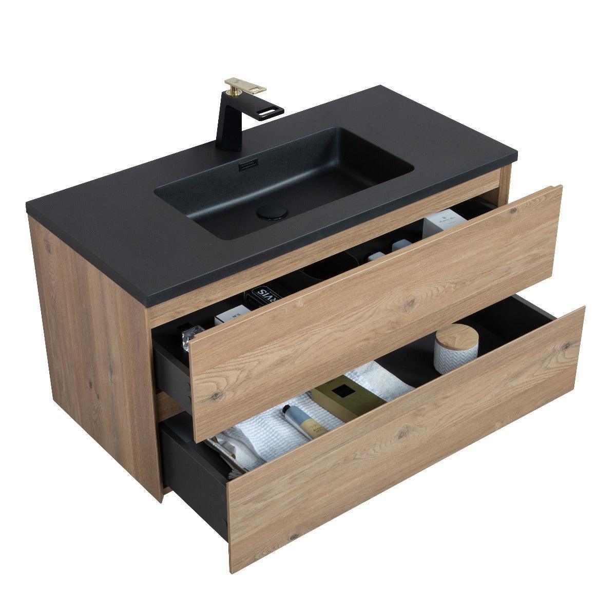 40" Rough Oak Wall Mount Bathroom Vanity with Black Engineered Quartz Countertop-Migration_Bathroom Vanities-DECOROLALA