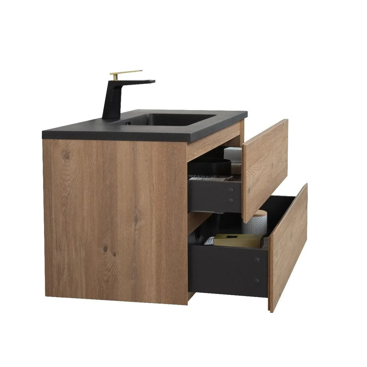 40" Rough Oak Wall Mount Bathroom Vanity with Black Engineered Quartz Countertop-Migration_Bathroom Vanities-DECOROLALA